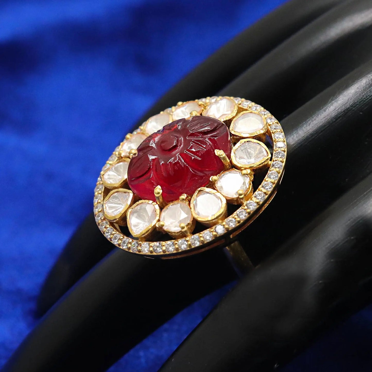 Gold Plated Spinal Ruby, Moissanite Gemstone And CZ Adjustable Ring Jewelry VJewels