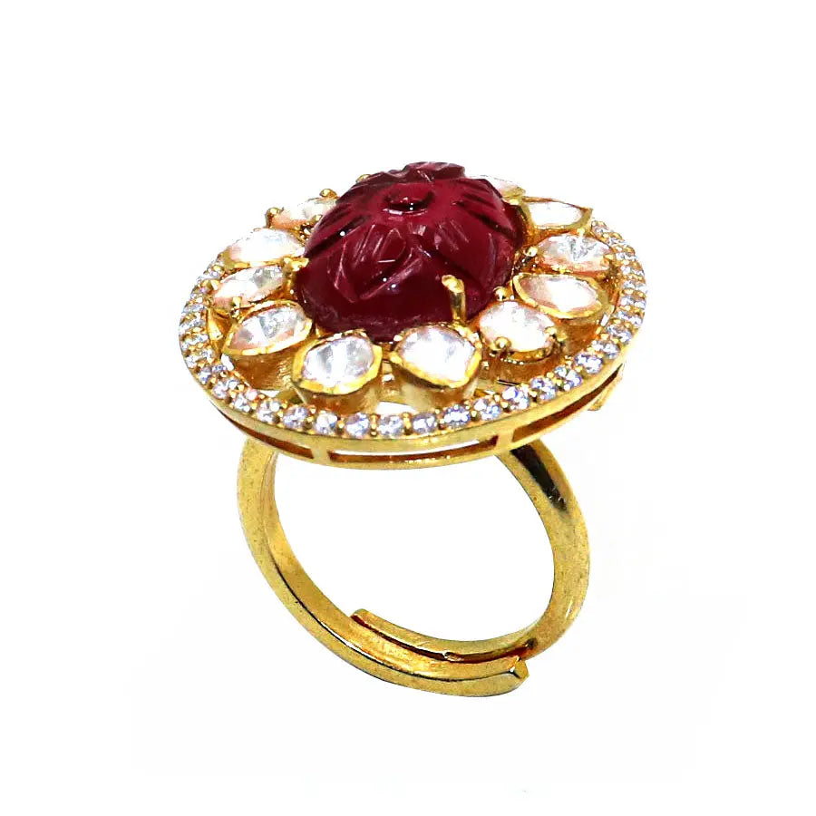 Gold Plated Spinal Ruby, Moissanite Gemstone And CZ Adjustable Ring Jewelry VJewels