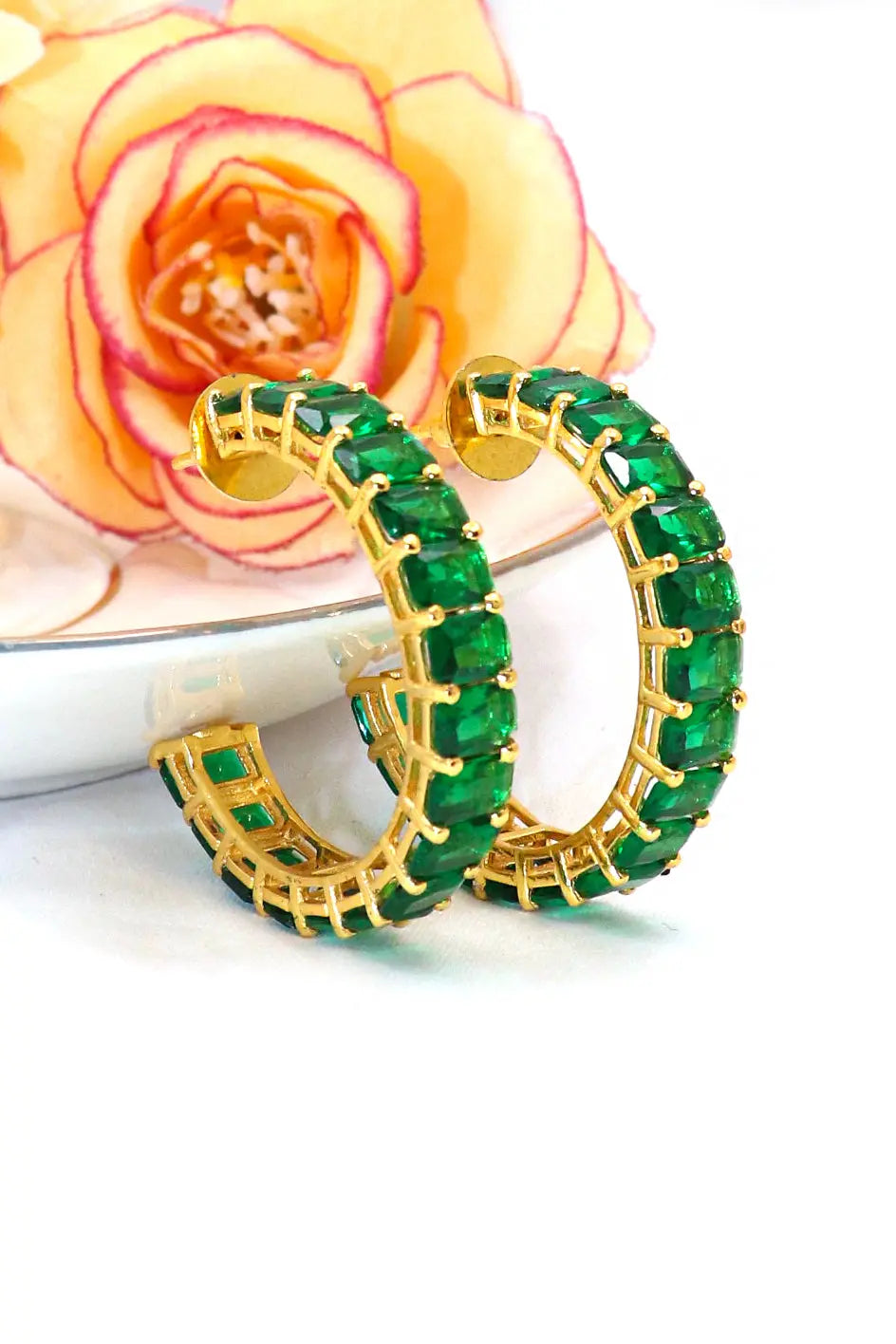 Gold Plated Stylish Green Gemstone Women Hoop Earring VJewels