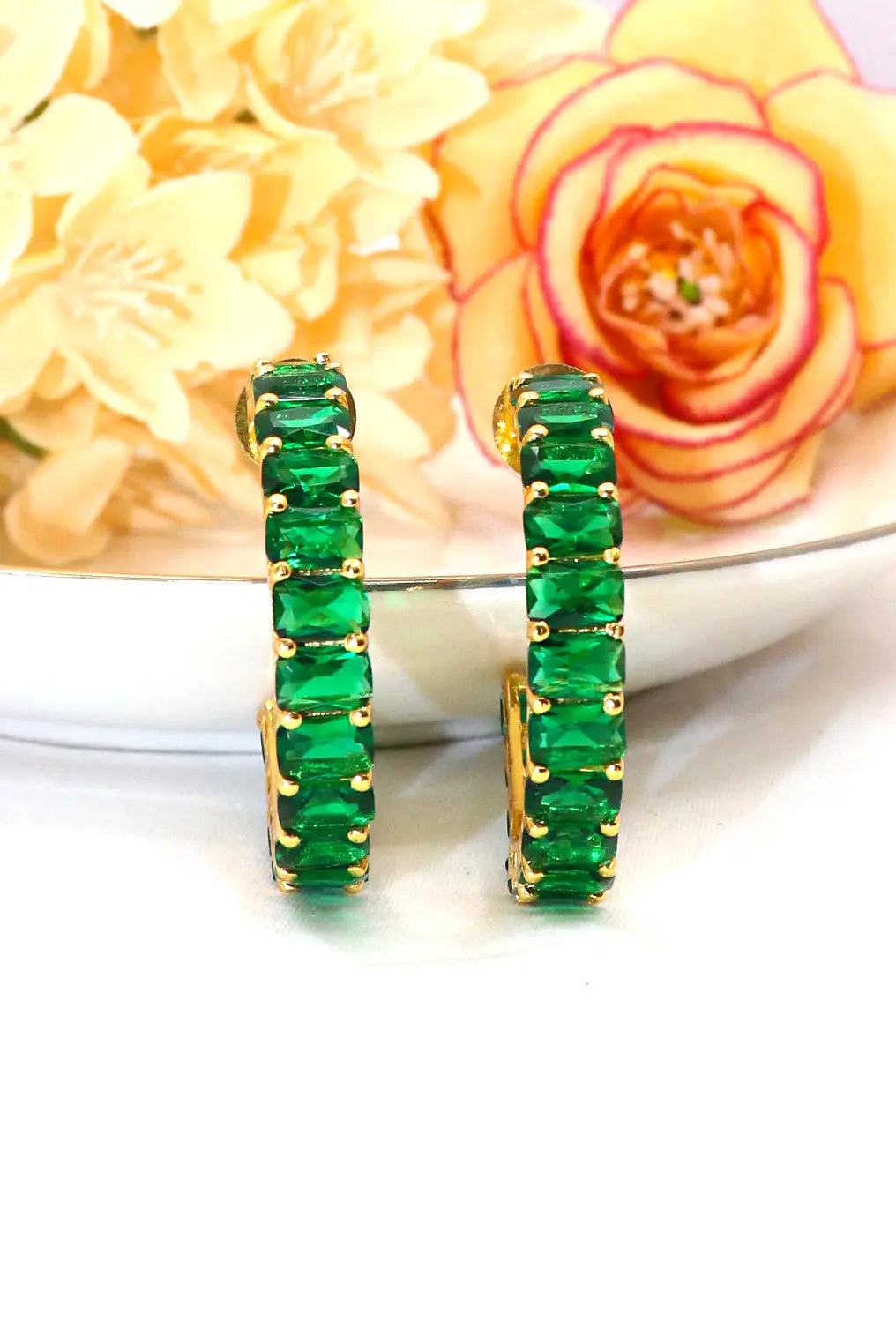 Gold Plated Stylish Green Gemstone Women Hoop Earring VJewels