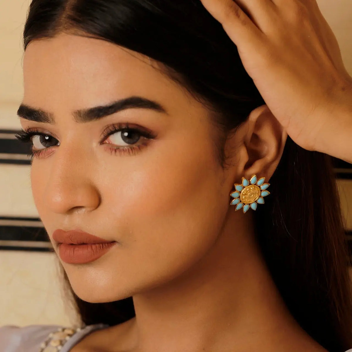 Gold Plated Taal TurquoiseGemstone Studs Earring Jewelry VJewels
