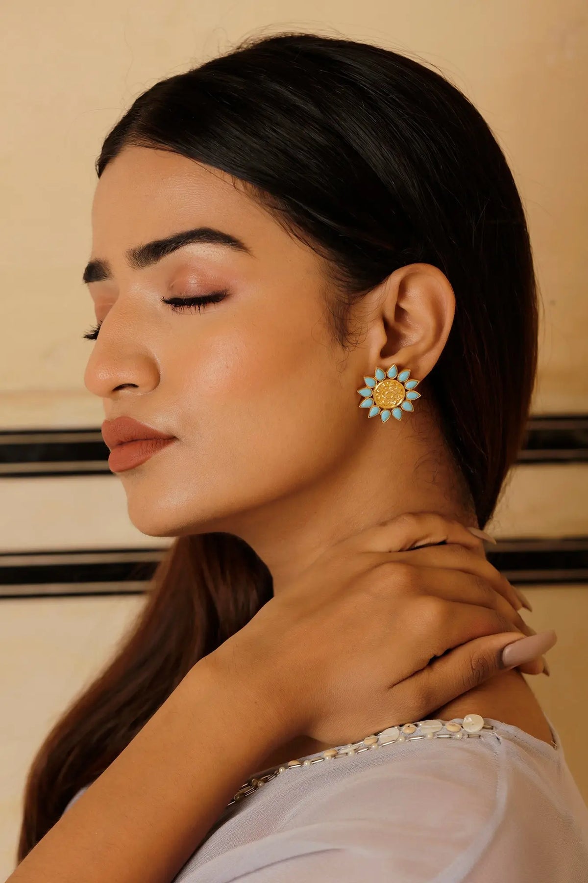 Gold Plated Taal TurquoiseGemstone Studs Earring Jewelry VJewels
