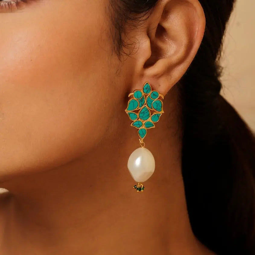 Gold Plated Turquoise Celestial Sea Pearl Studs Earring jewelry VJewels