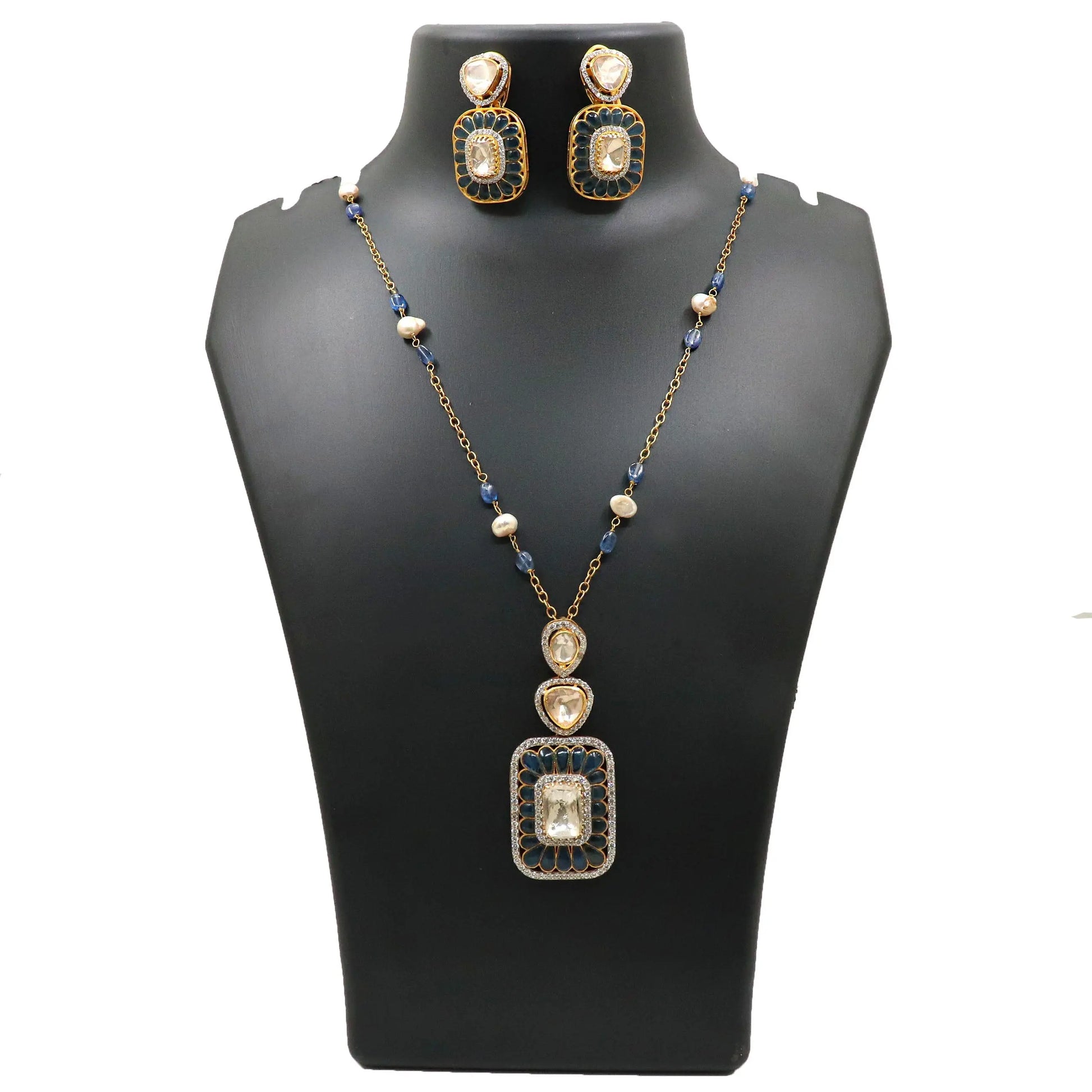 Gold Plated kyanite, Moissanite Gemstone And Pearl Necklace Set Traditional Jewelry VJewels