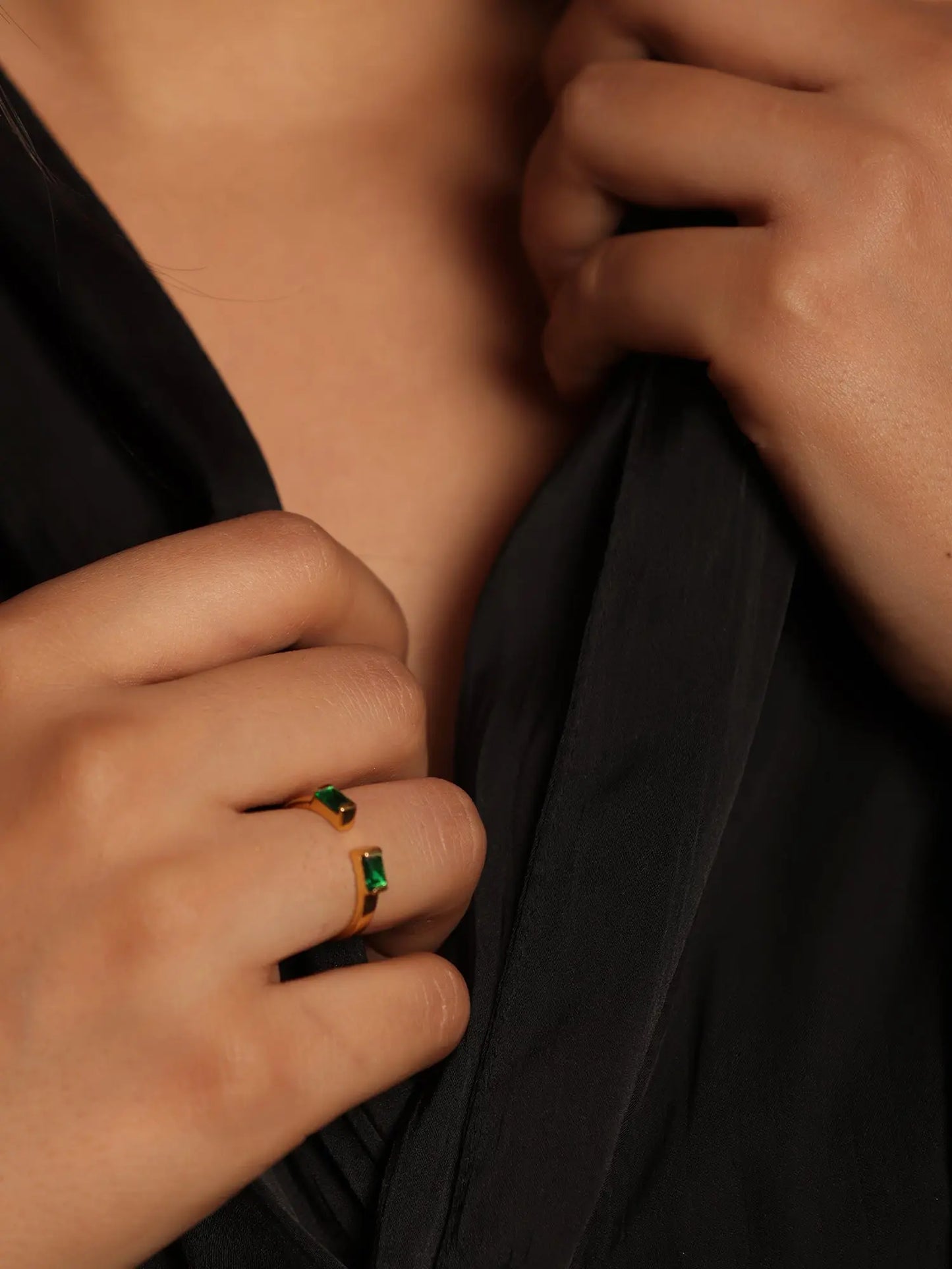 Green onyx Two Stone DAO Bagutte Open Gold Plated Ring Jewelry VJewels