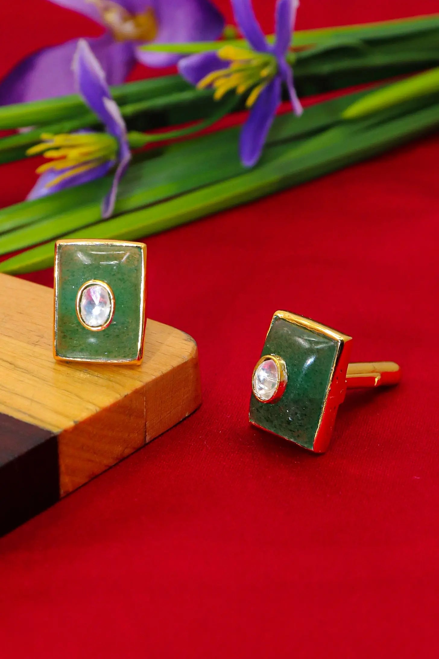 Handcrafted Artisan Cufflinks with Gold Plating Moissanite and Green Onyx Gemstones Cufflinks for Men's VJewels