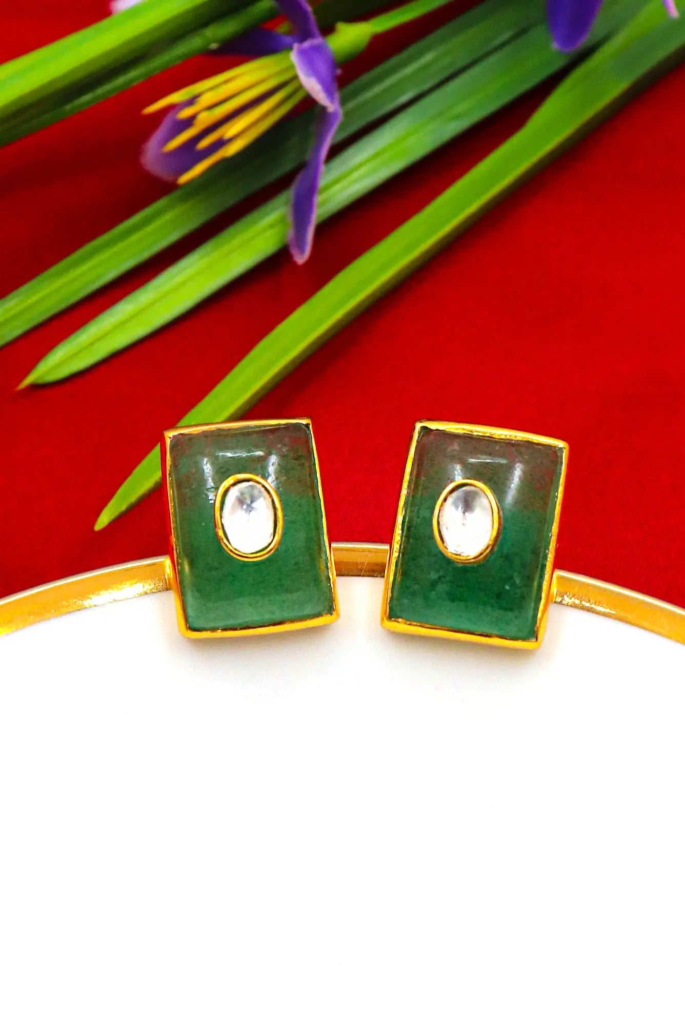 Handcrafted Artisan Cufflinks with Gold Plating Moissanite and Green Onyx Gemstones Cufflinks for Men's VJewels