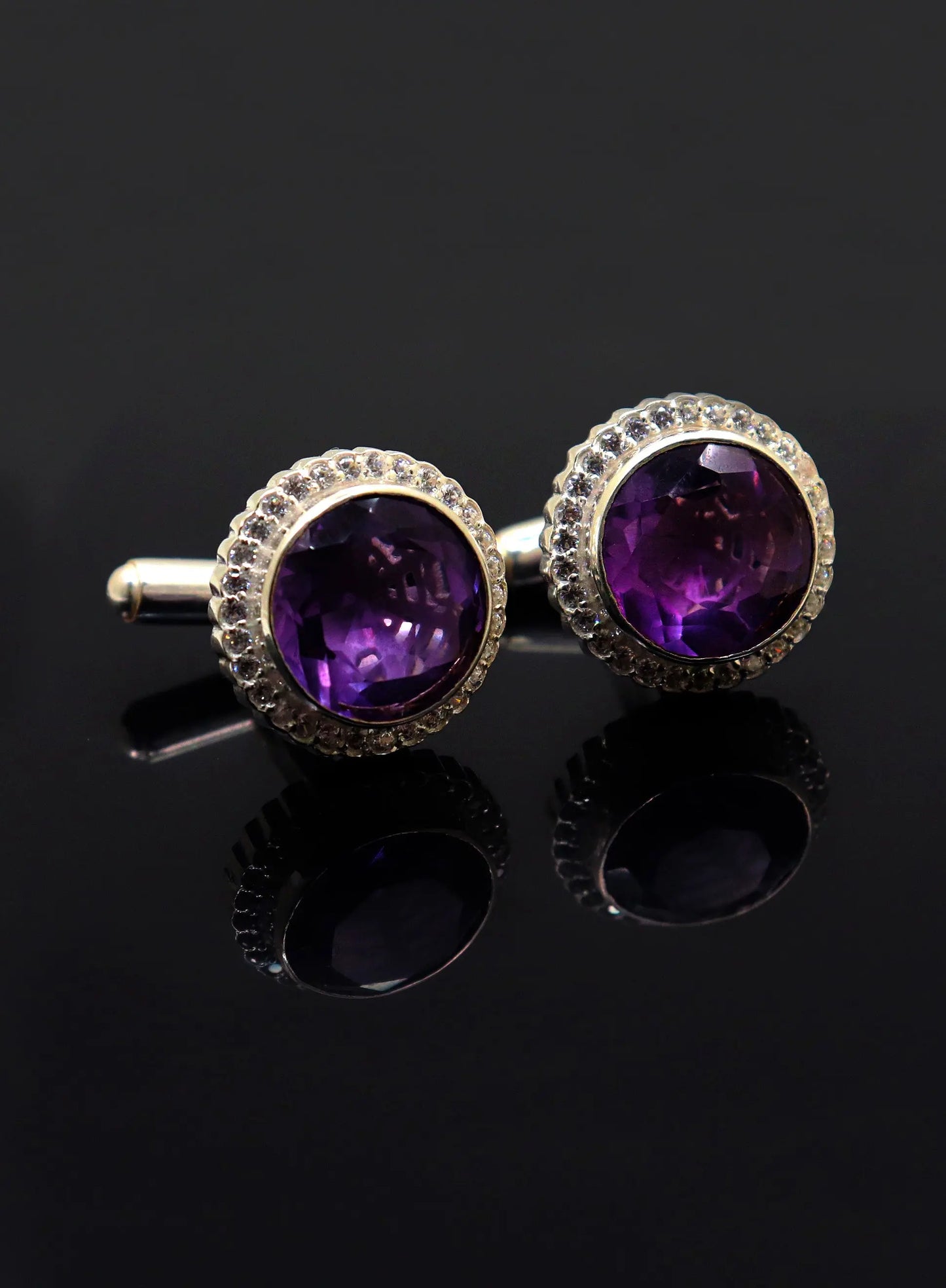 Purple Amethyst Gemstone With CZ Silver Cufflink Jewelry - VJewels