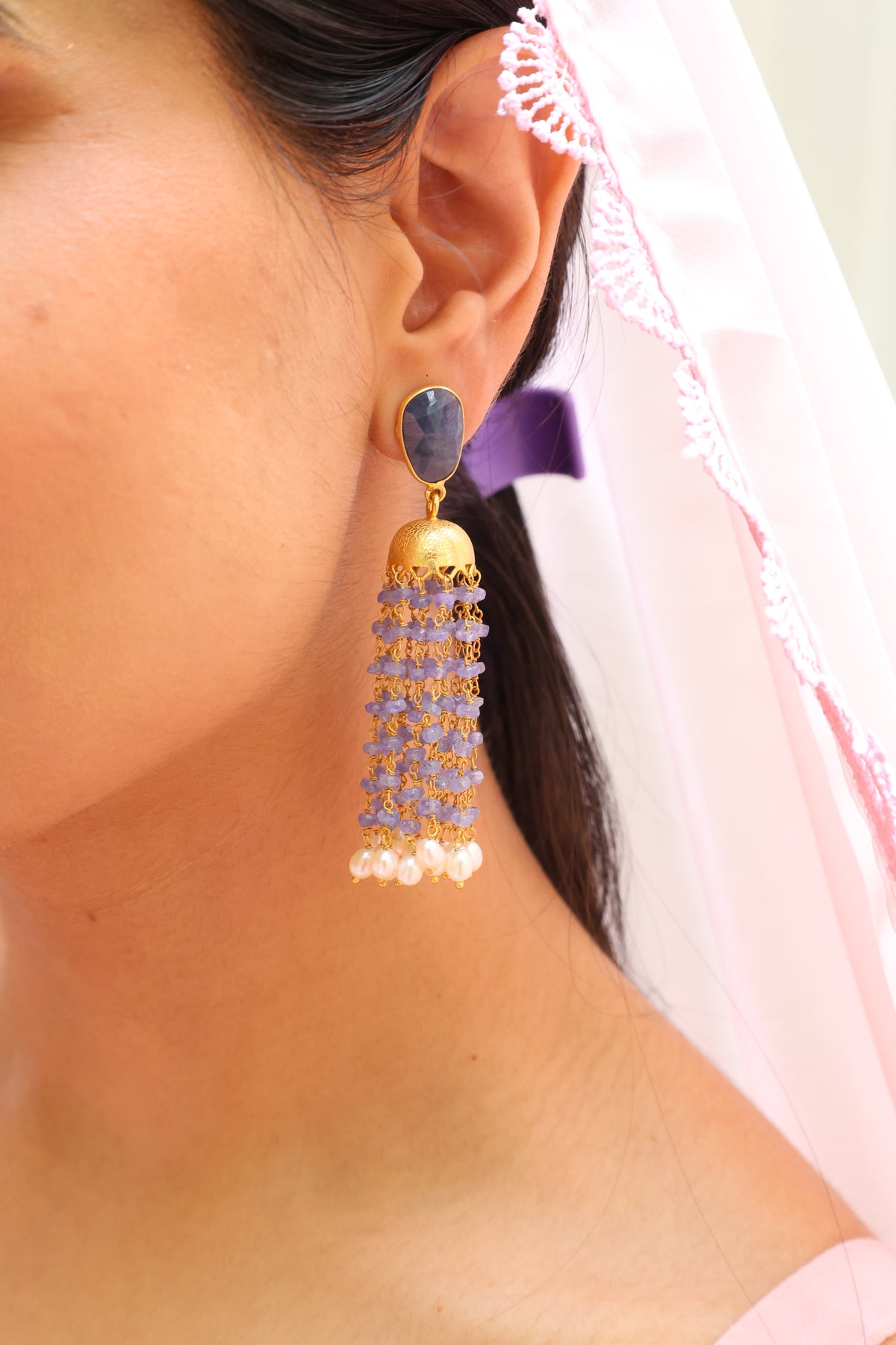 Tanzanite & Pearl Royal Long Earring
