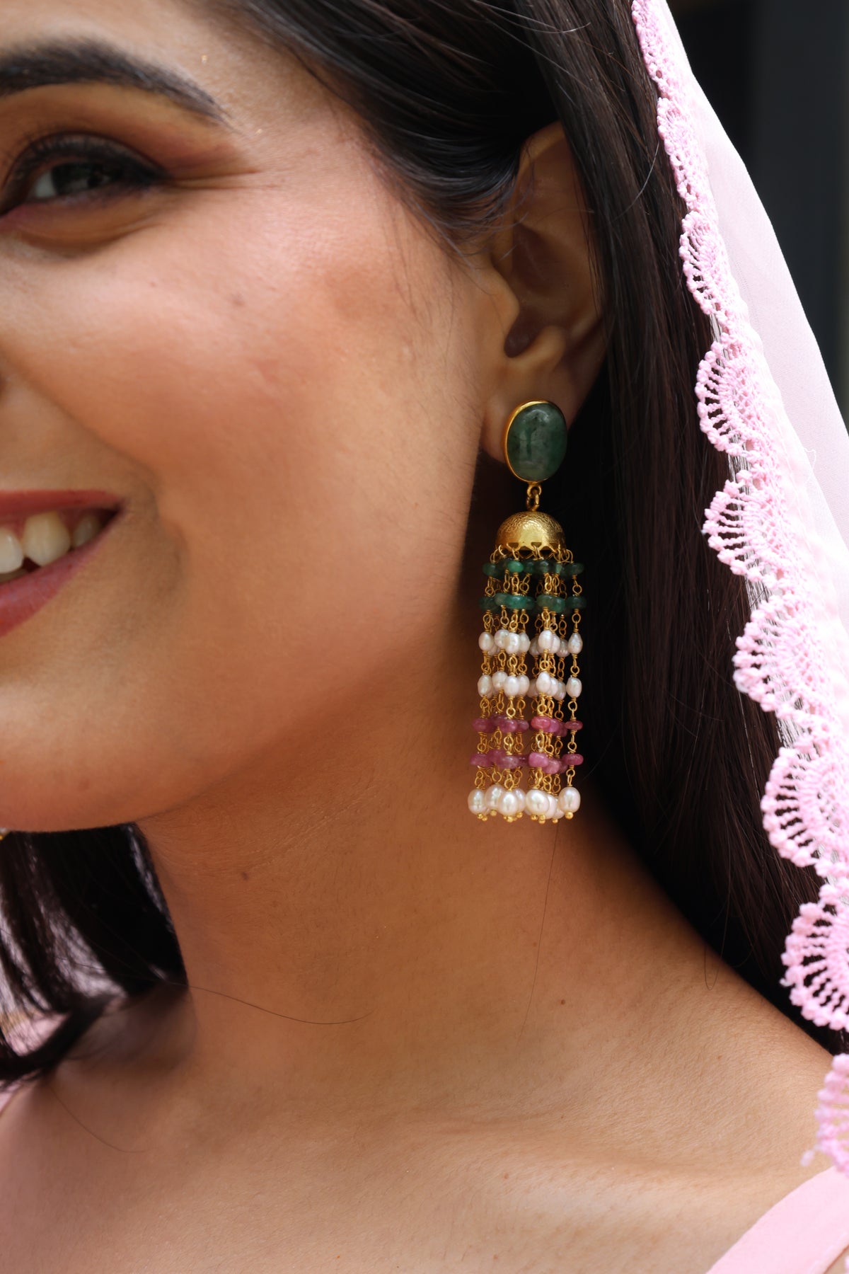 Emerald & Pink Tourmaline Royal Pearl Long Earring