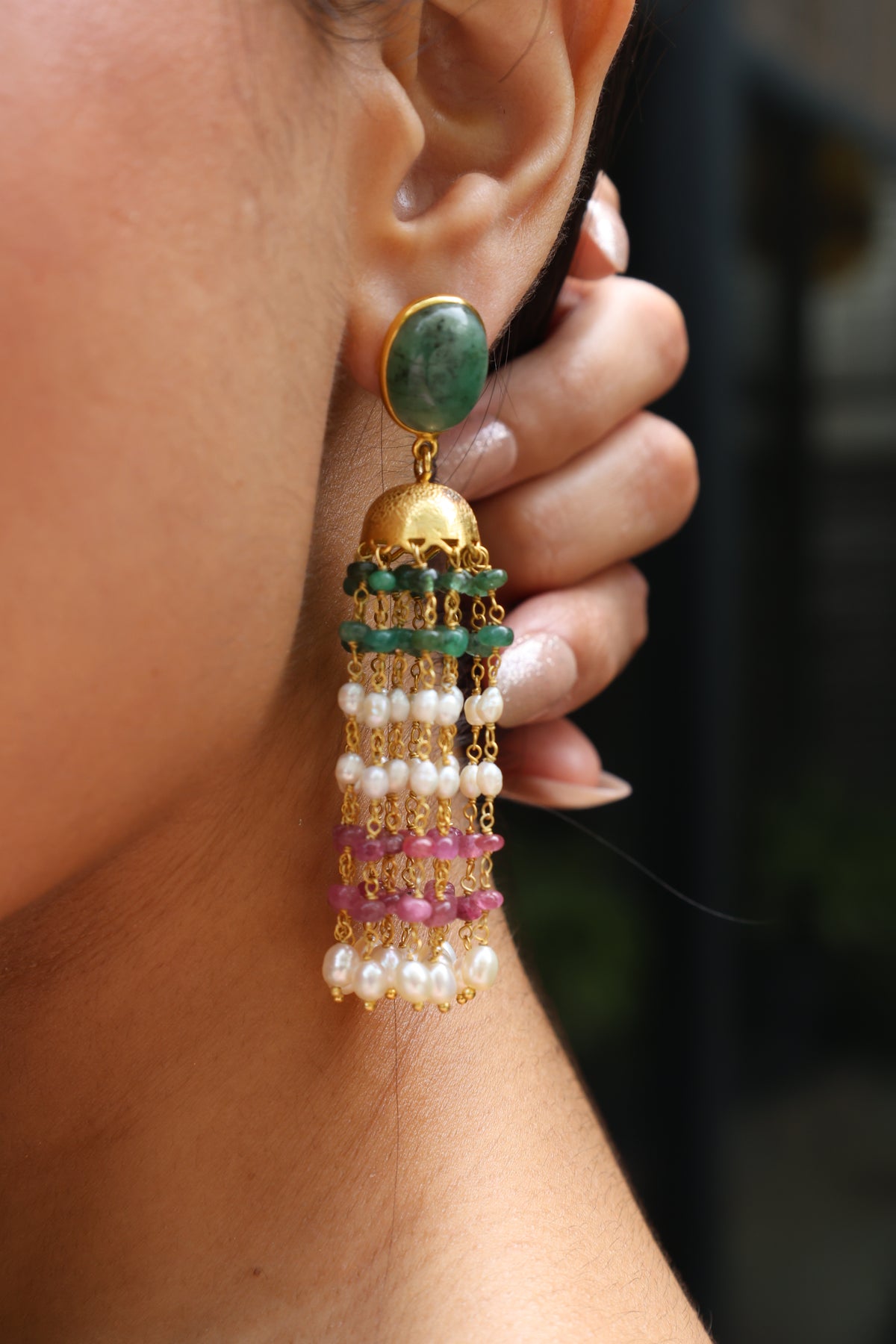 Emerald & Pink Tourmaline Royal Pearl Long Earring