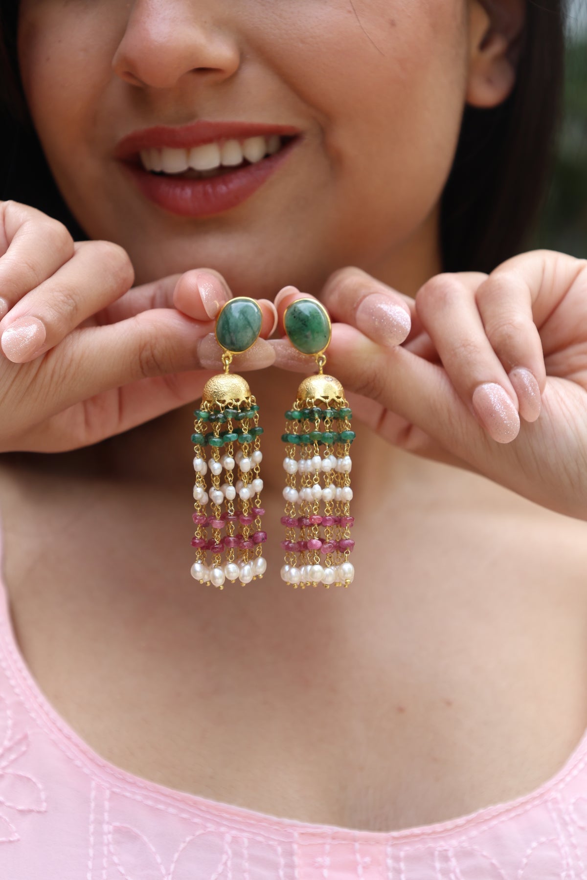 Emerald & Pink Tourmaline Royal Pearl Long Earring