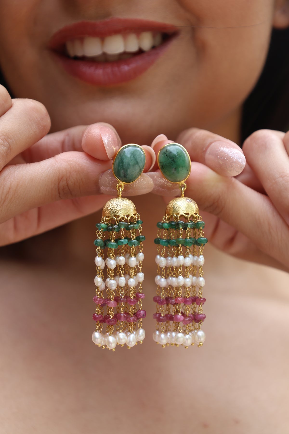 Emerald & Pink Tourmaline Royal Pearl Long Earring