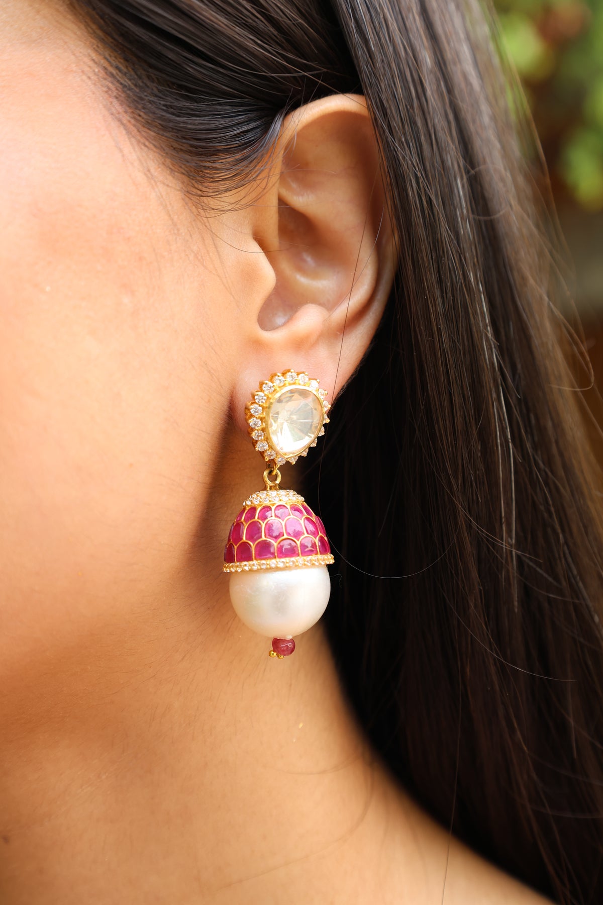 Moissanite Pearl Enamel Silver Stud