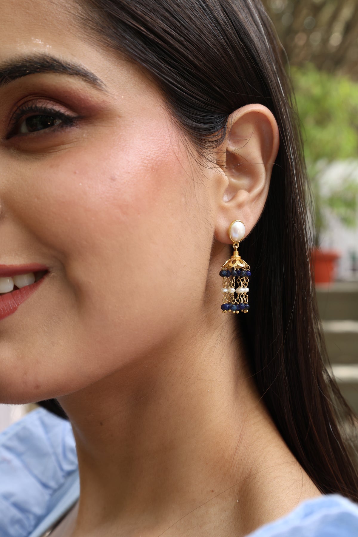 Lapis & Pearl Crown Earring