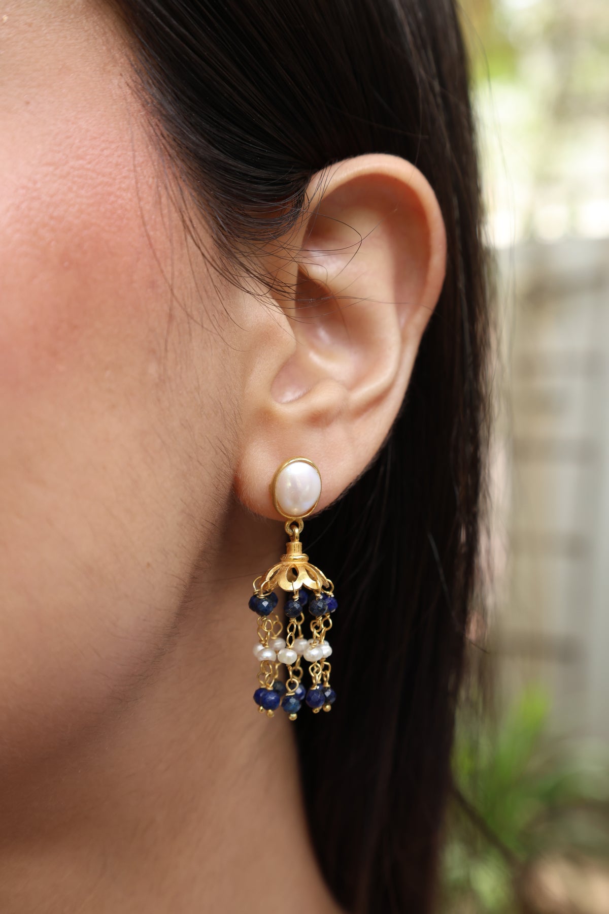 Lapis & Pearl Crown Earring