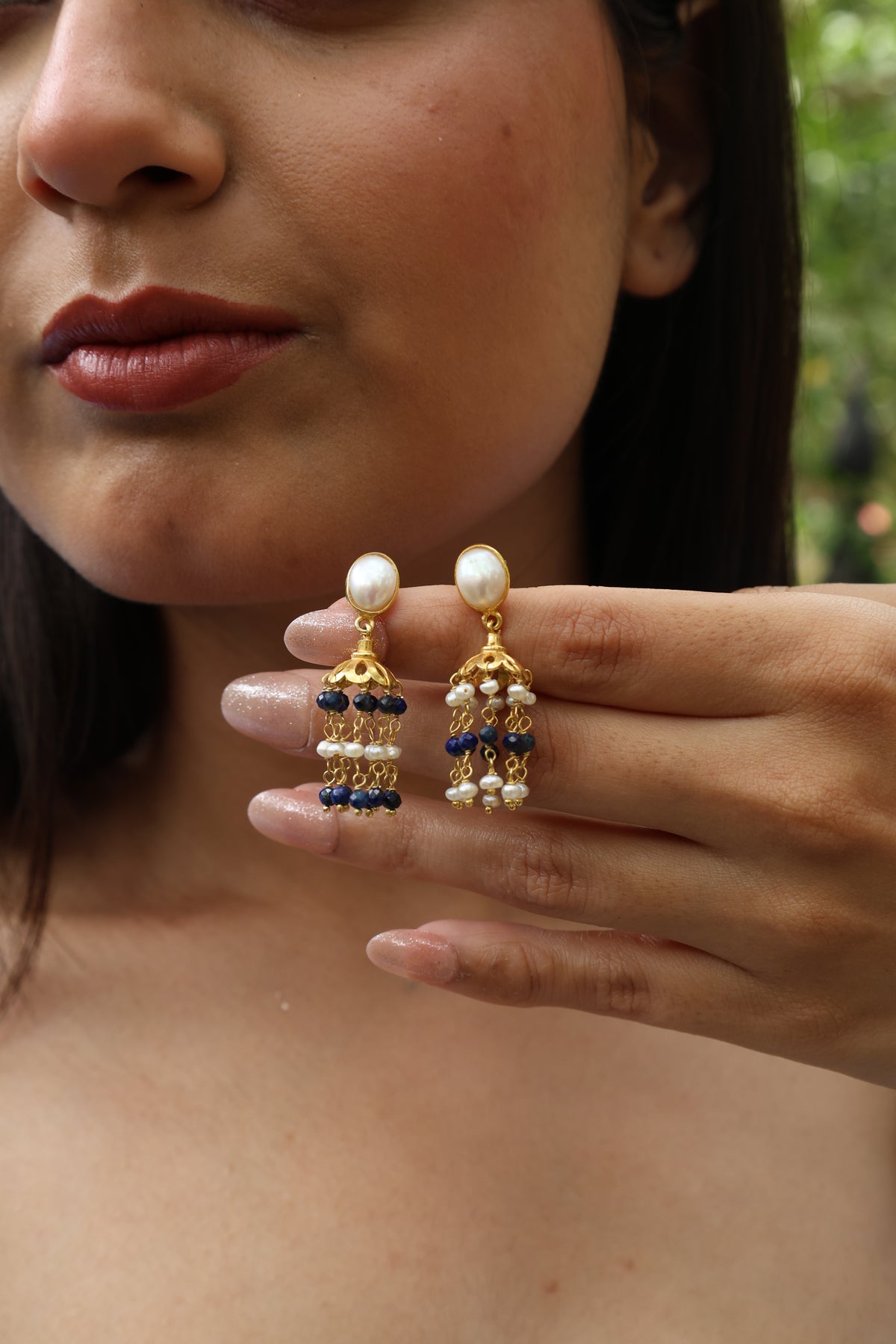Lapis & Pearl Crown Earring
