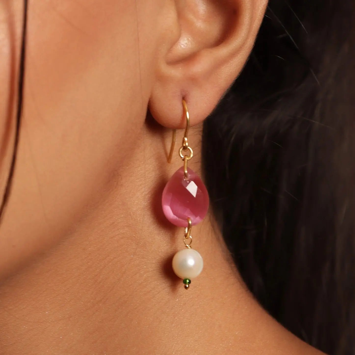 Incredible Ruby Lite & Pearl Gold Plated Dangling Earrings Jewelry VJewels