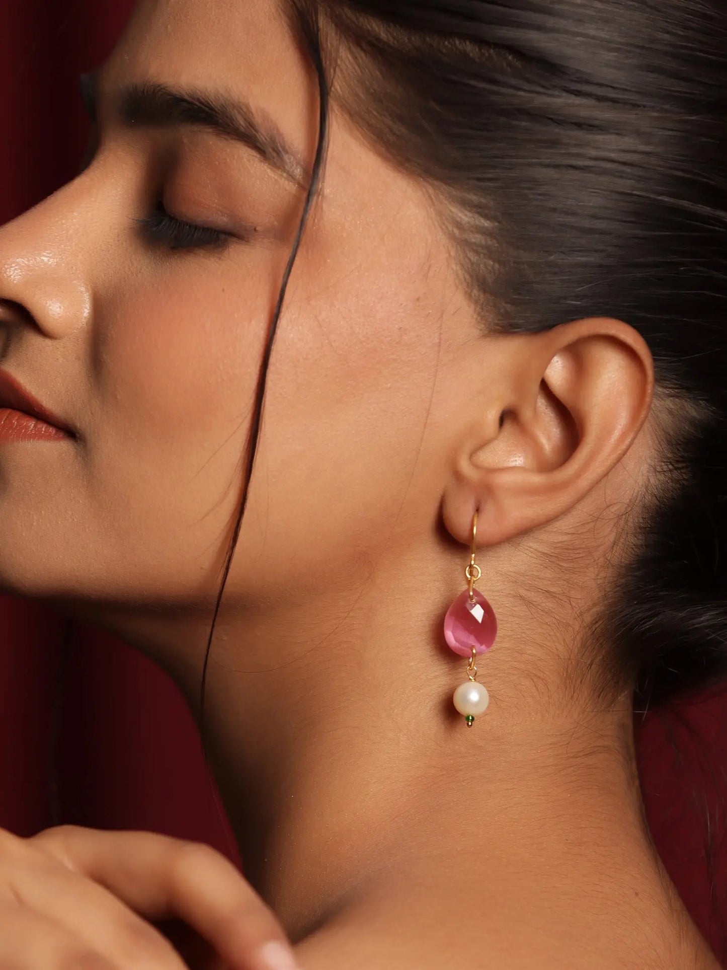 Incredible Ruby Lite & Pearl Gold Plated Dangling Earrings Jewelry VJewels