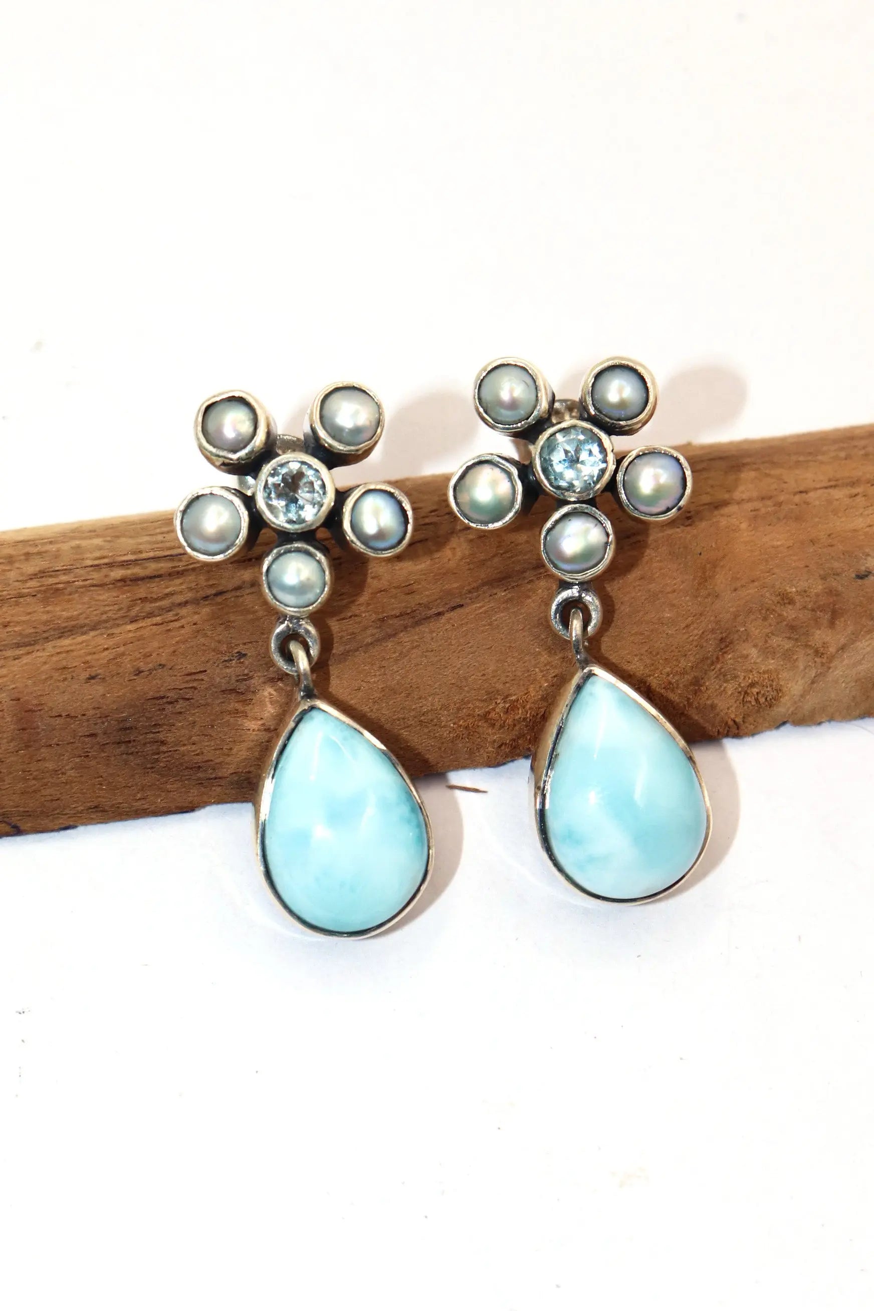 Larimar with Blue Topaz And Pearl Gemstone Earring Jewelry VJewels