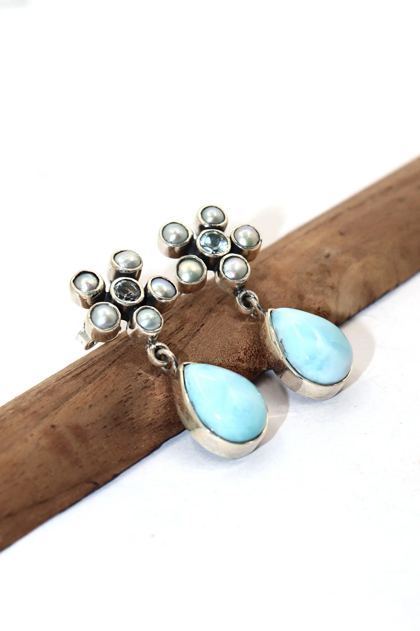 Larimar with Blue Topaz And Pearl Gemstone Earring Jewelry VJewels