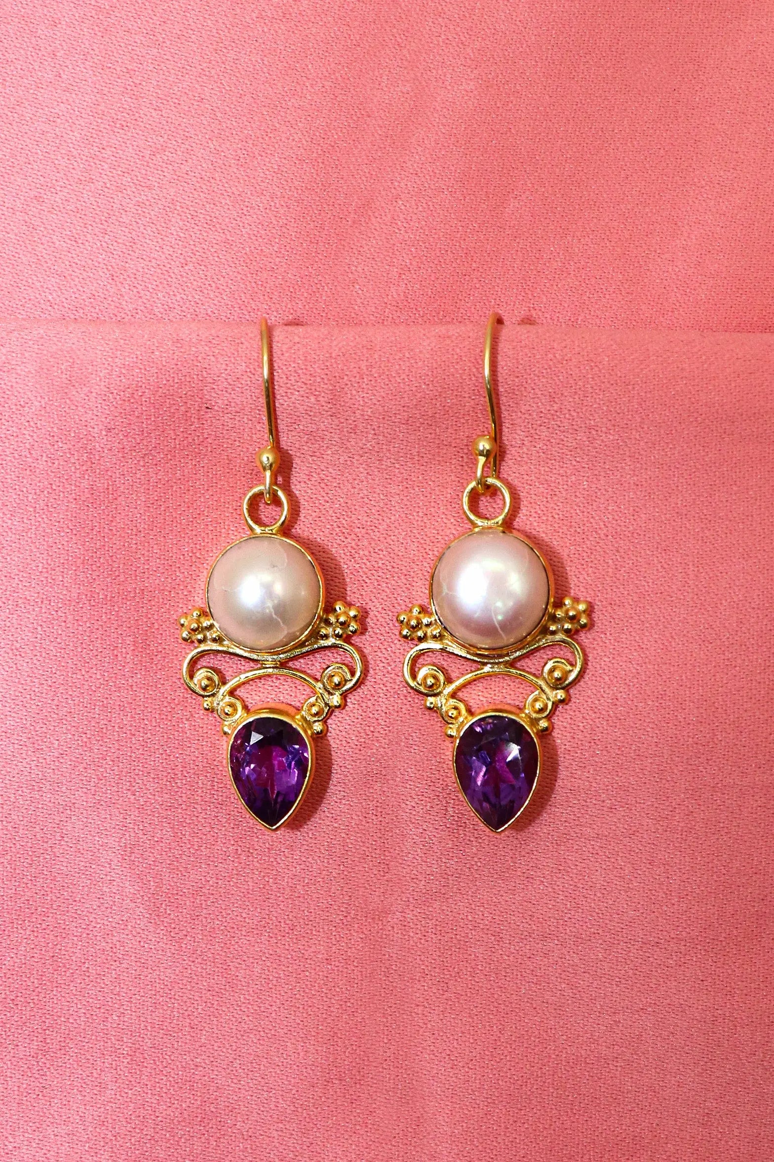 Latest Collection Pearl With Purple Topaz Gemstone Hook Earrings VJewels