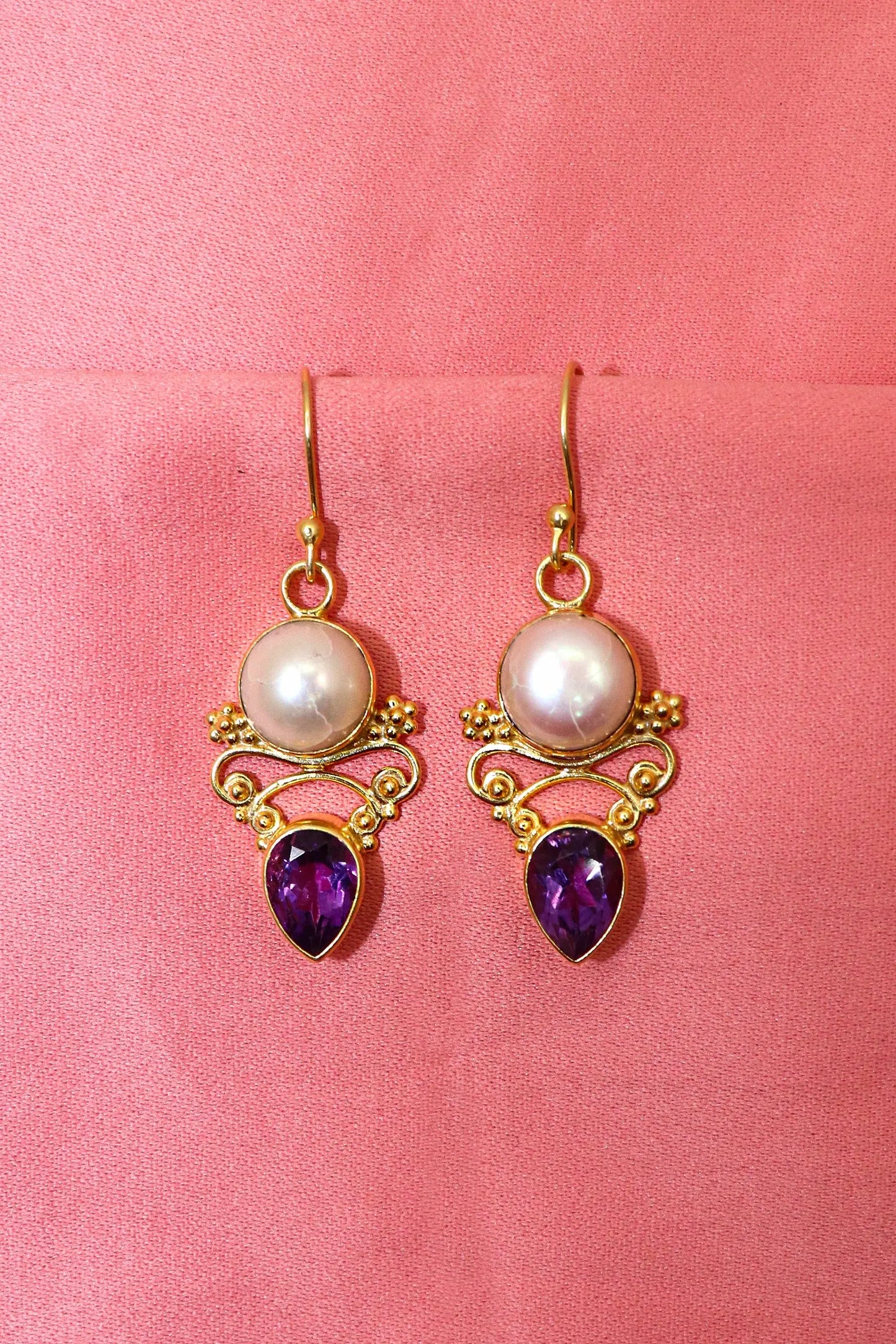 Latest Collection Pearl With Purple Topaz Gemstone Hook Earrings VJewels