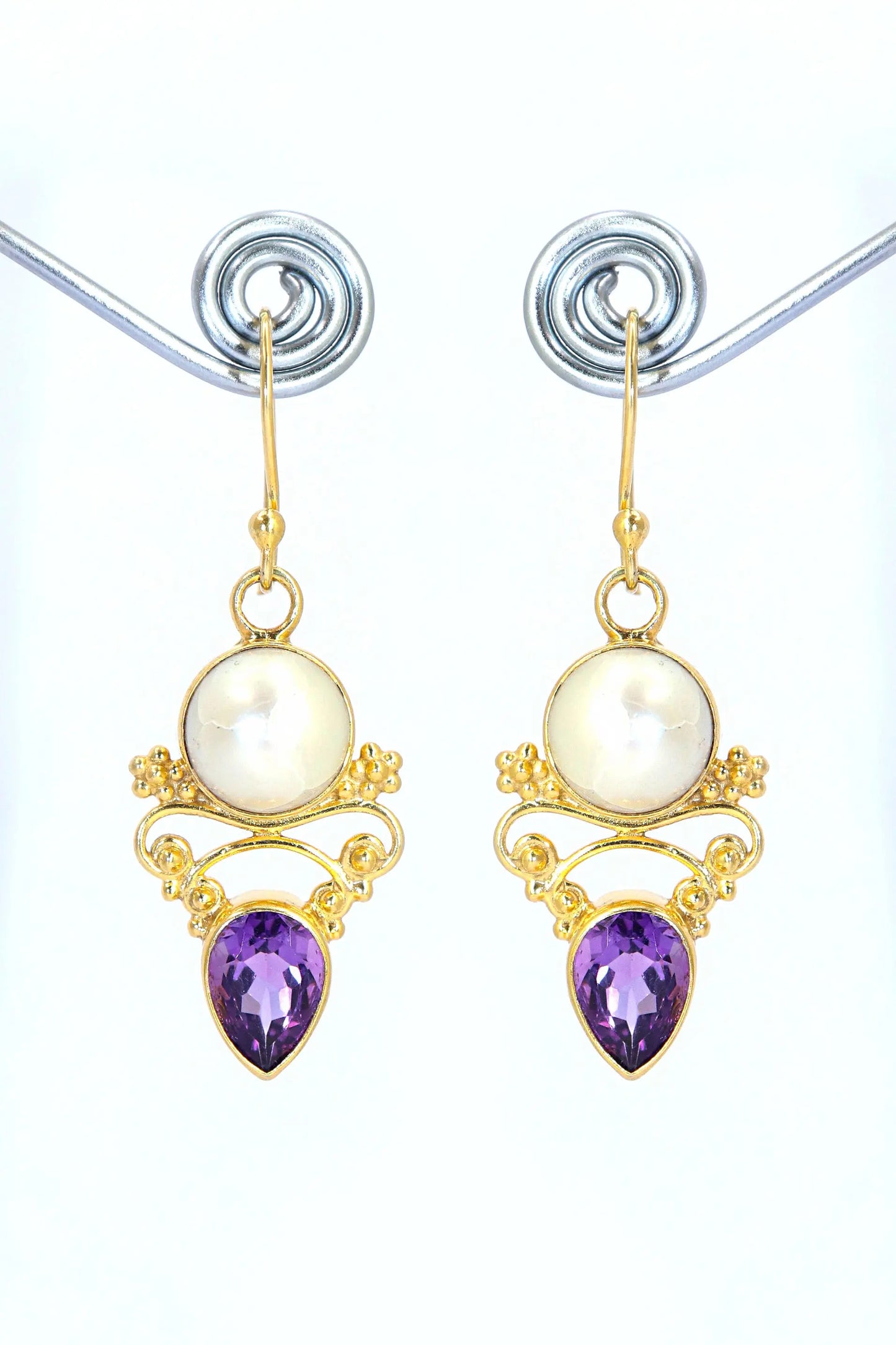 Latest Collection Pearl With Purple Topaz Gemstone Hook Earrings VJewels