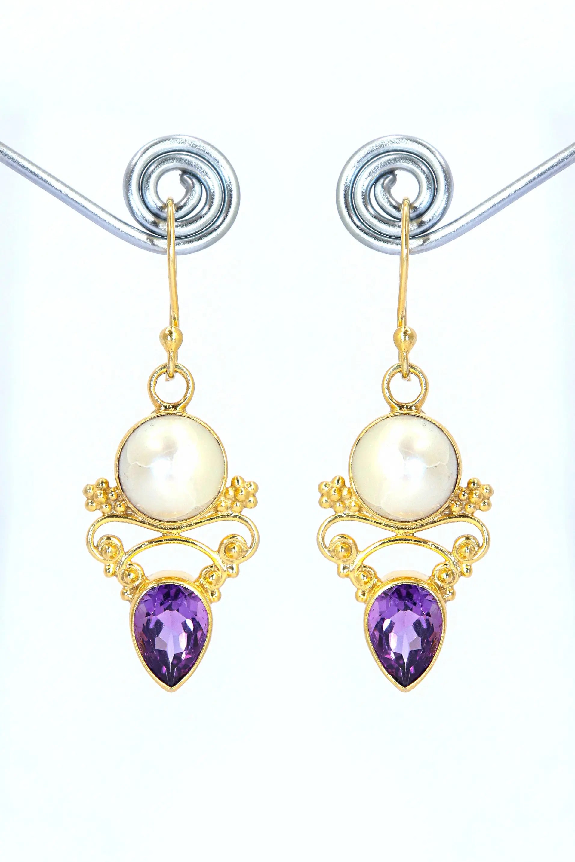 Latest Collection Pearl With Purple Topaz Gemstone Hook Earrings VJewels