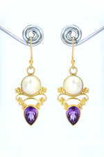 Latest Collection Pearl With Purple Topaz Gemstone Hook Earrings VJewels