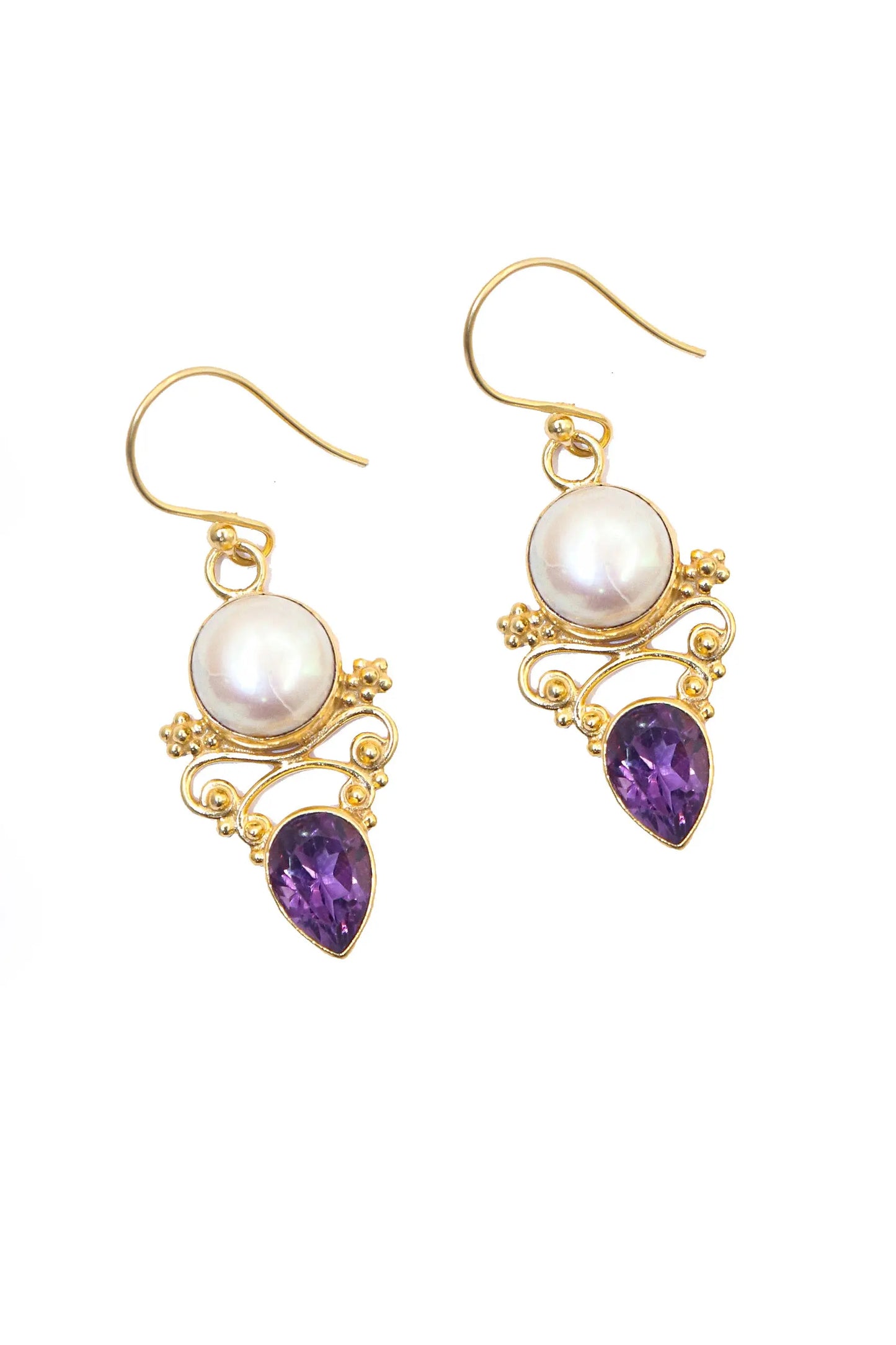 Latest Collection Pearl With Purple Topaz Gemstone Hook Earrings VJewels