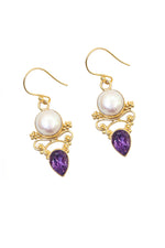 Latest Collection Pearl With Purple Topaz Gemstone Hook Earrings VJewels