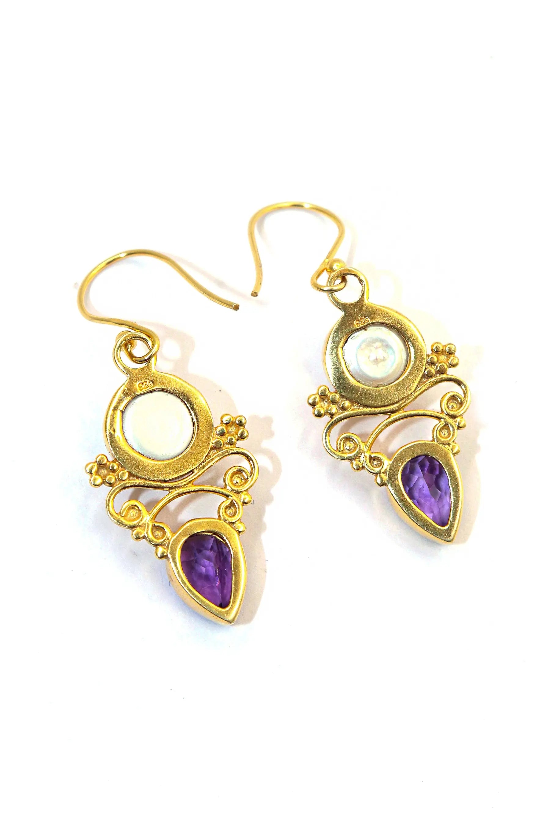 Latest Collection Pearl With Purple Topaz Gemstone Hook Earrings VJewels