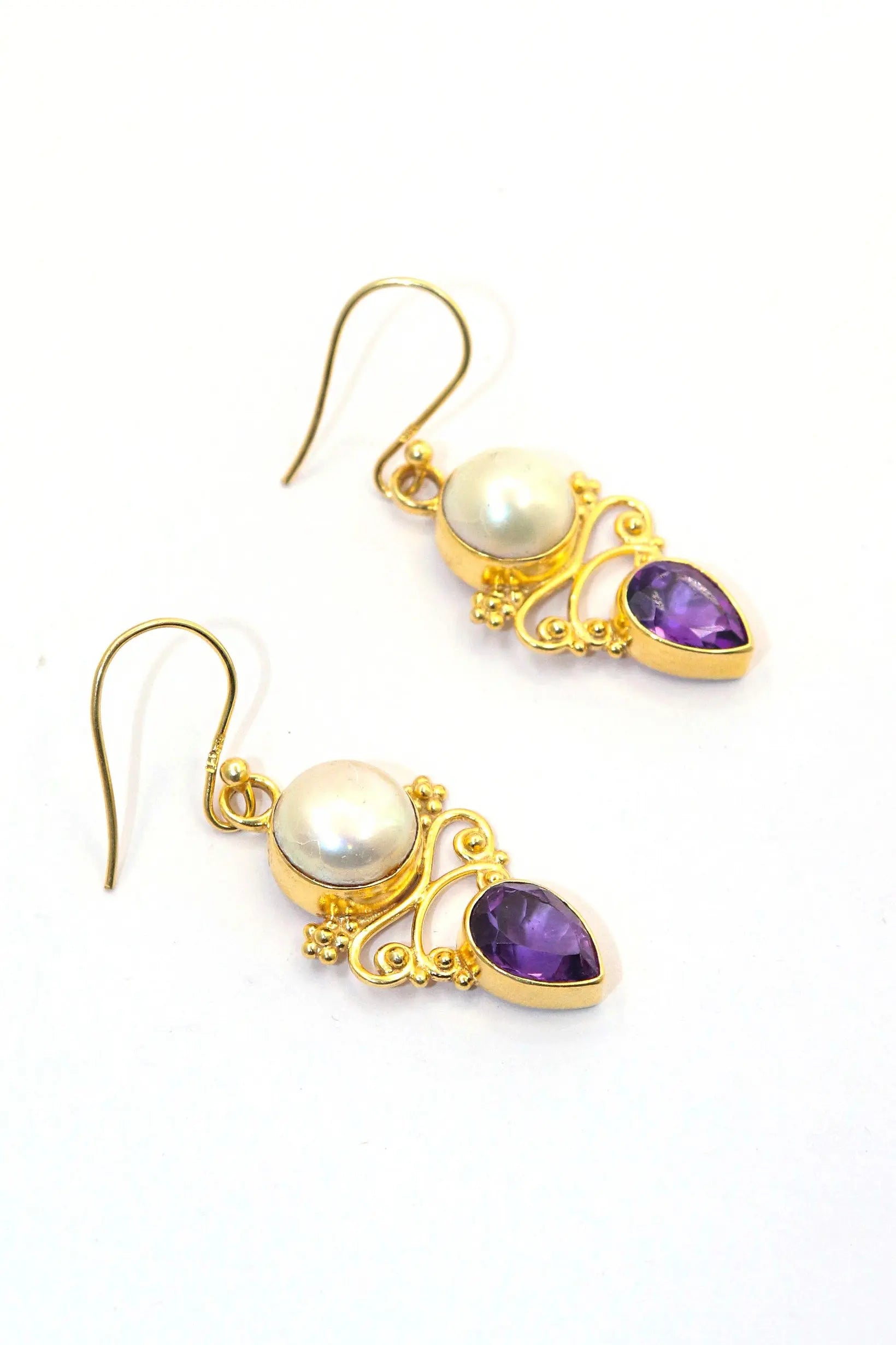 Latest Collection Pearl With Purple Topaz Gemstone Hook Earrings VJewels