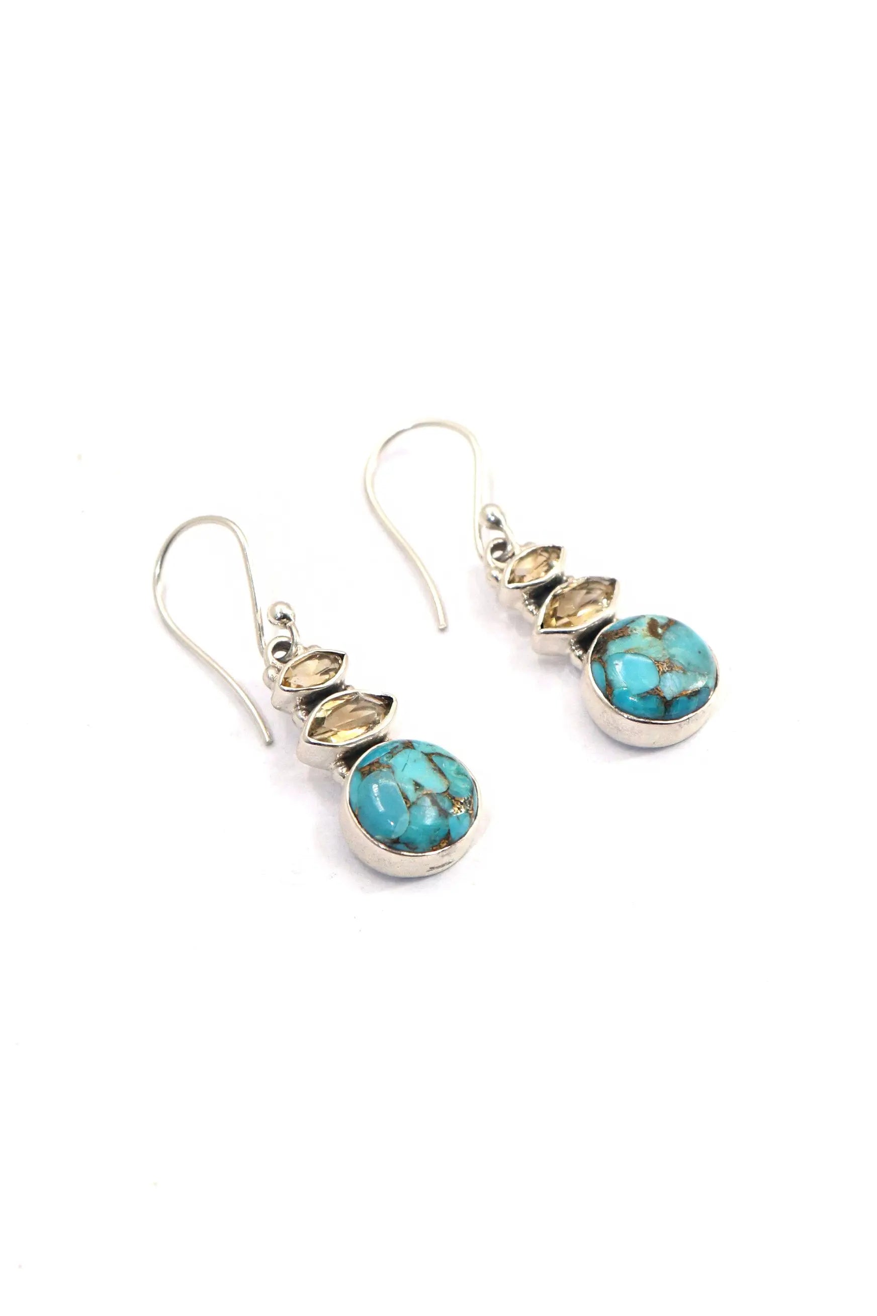 Lightweight Designer Earring With Blue Copper Turquoise And Citrine Gemstone Earrings VJewels