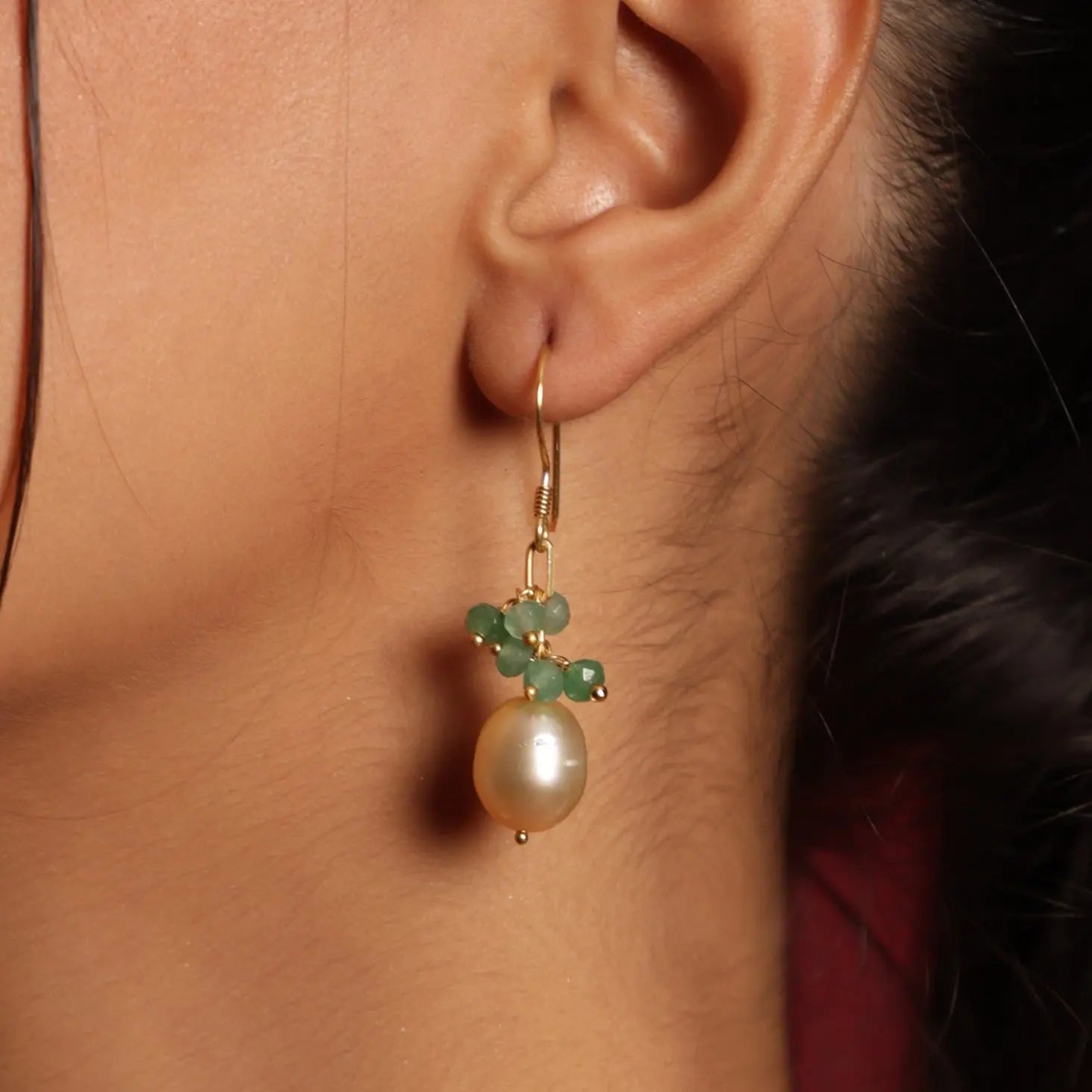 Luxurious Fresh Pearl & Emerald Gold Plated Grapes Hook Earrings Jewelry VJewels