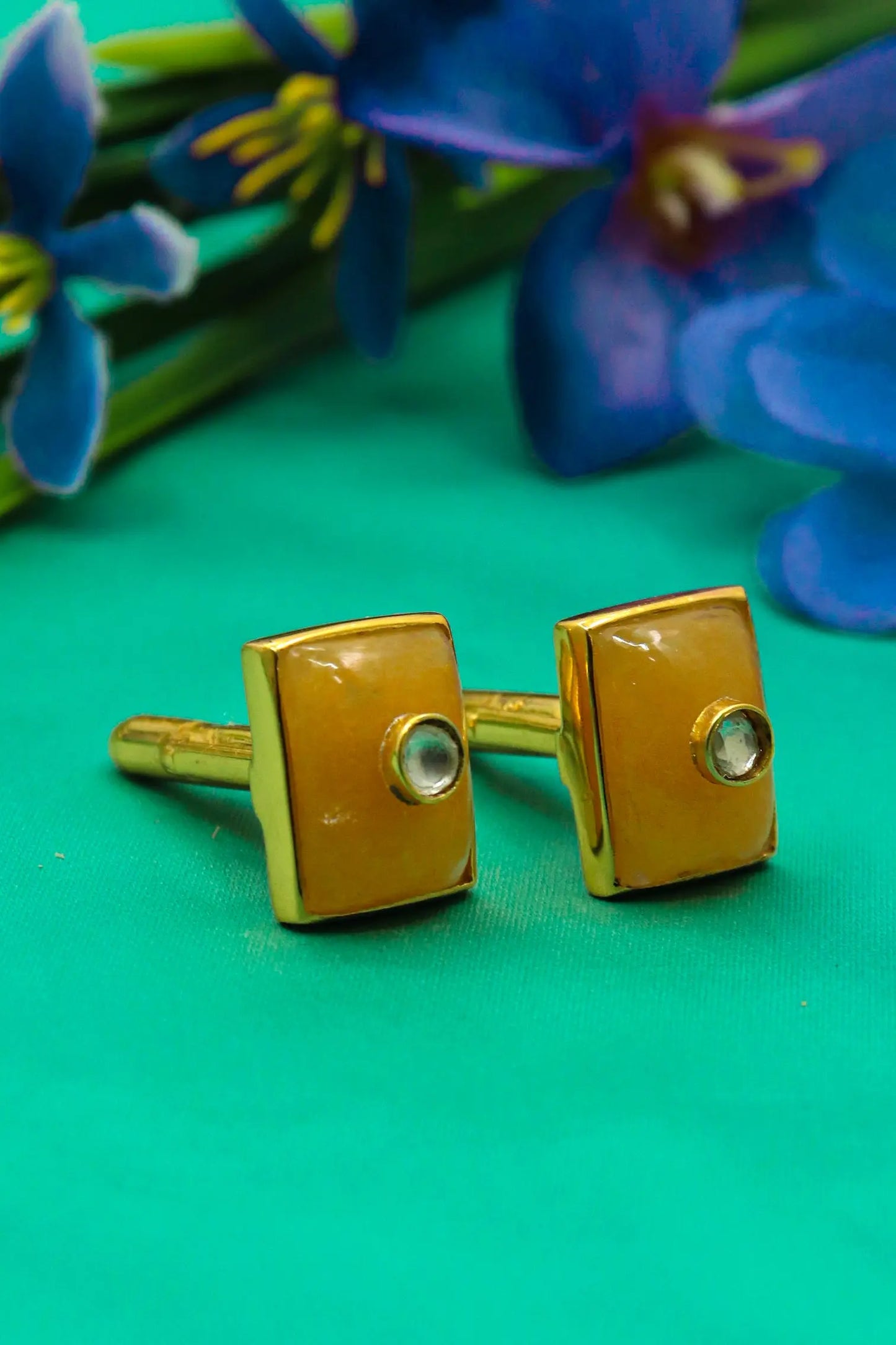 Luxury Men’s Cufflinks with Moissanite and Mango Quartz's Gemstones in Gold Plating Jewelry VJewels