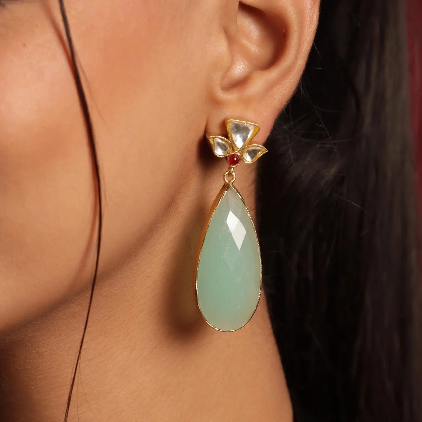 Majestic Mint Green Chalcedony & Uncut Diamond Polki Gold Plated Stud Earrings Jewelry VJewels