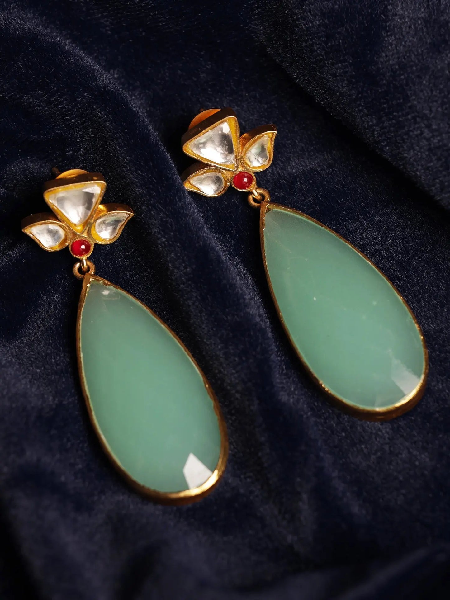 Majestic Mint Green Chalcedony & Uncut Diamond Polki Gold Plated Stud Earrings Jewelry VJewels