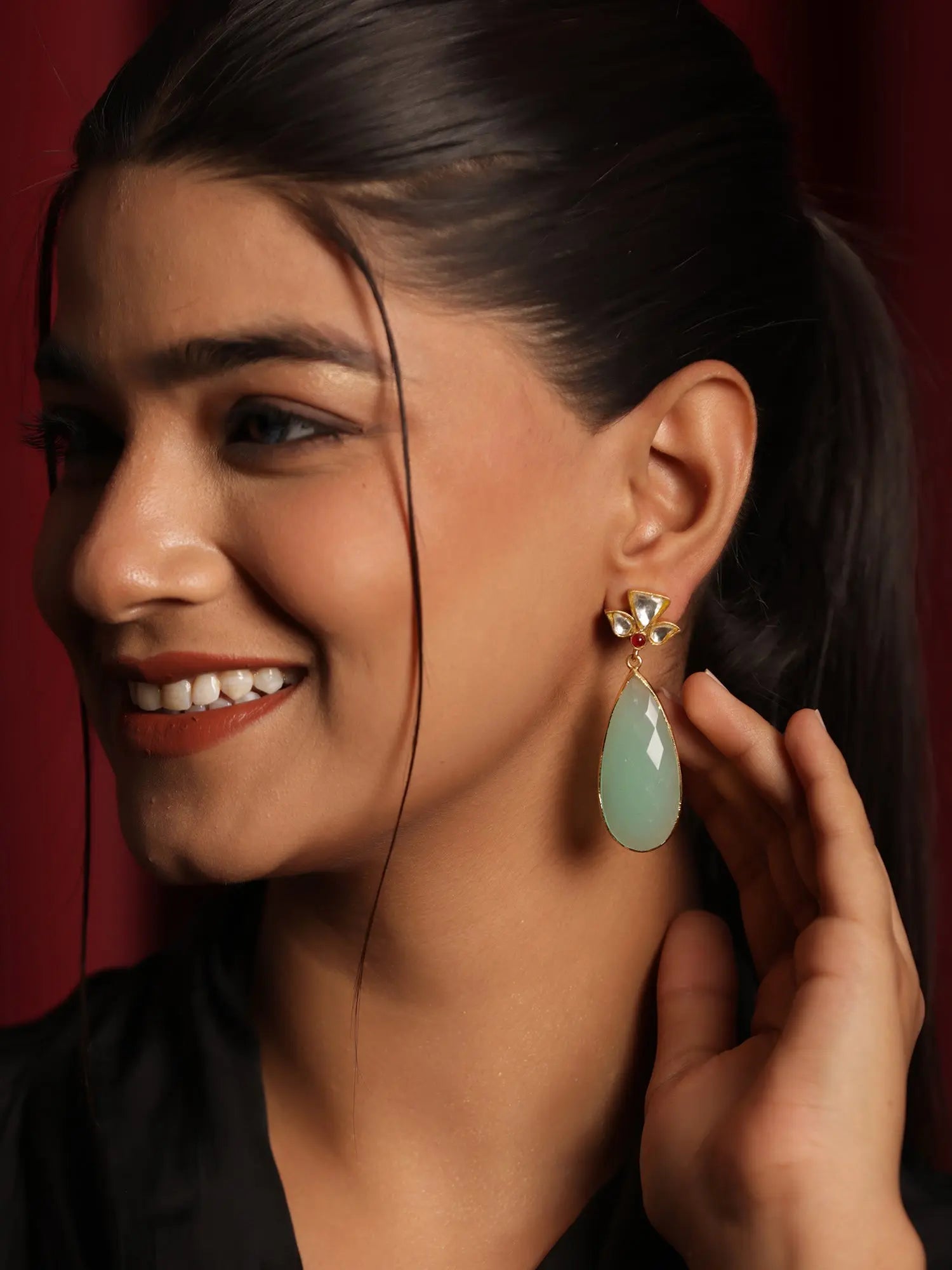 Majestic Mint Green Chalcedony & Uncut Diamond Polki Gold Plated Stud Earrings Jewelry VJewels