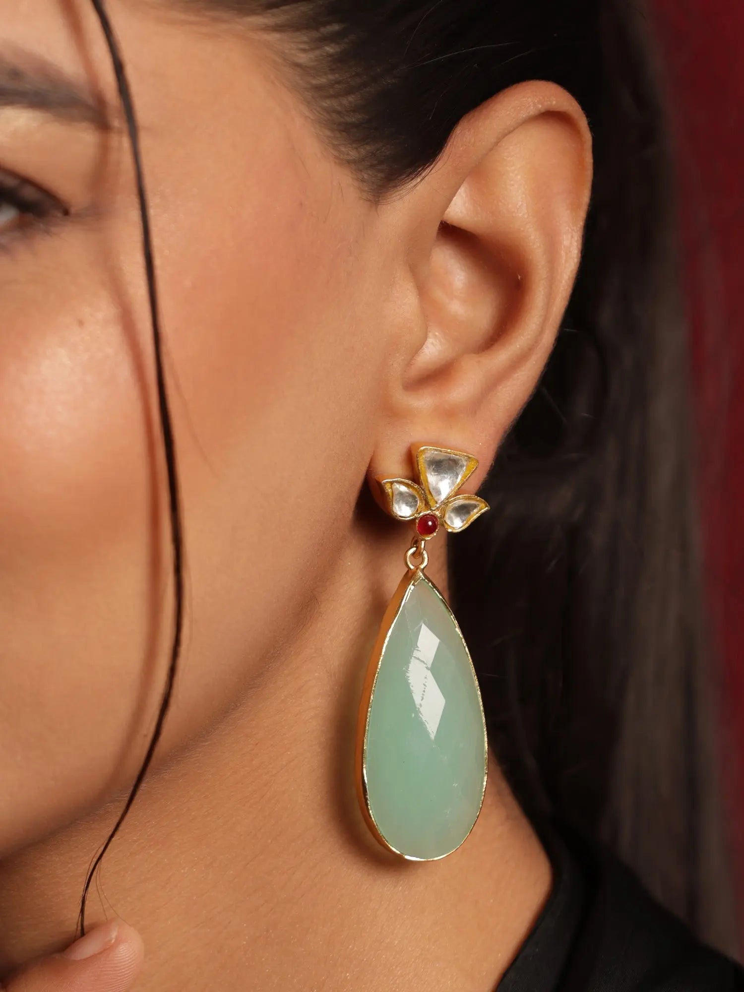 Majestic Mint Green Chalcedony & Uncut Diamond Polki Gold Plated Stud Earrings Jewelry VJewels