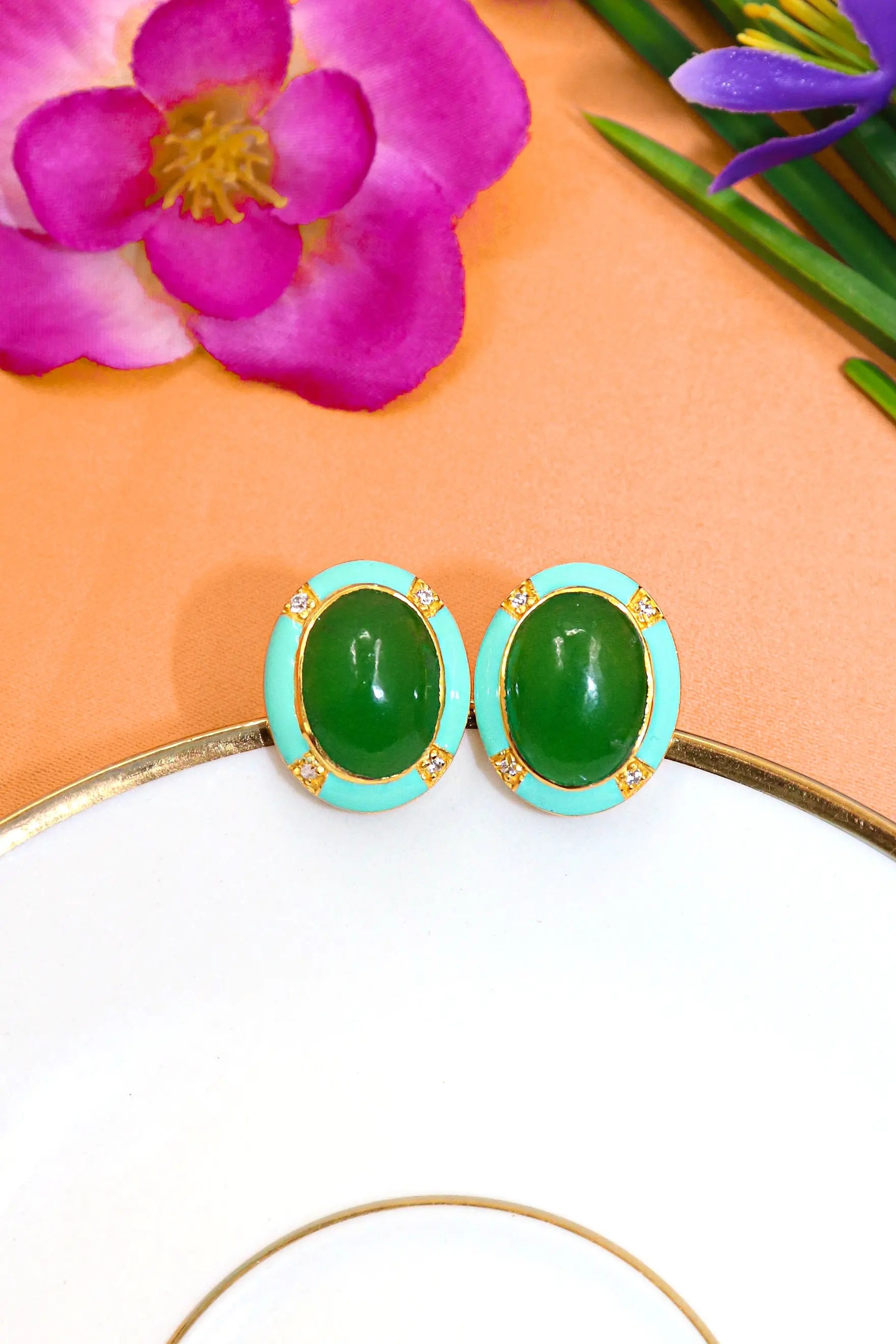 Modern Gentleman’s Gold Plated Enamel Cufflinks with Green Onyx Gemstone Accents Men's Jewelry VJewels