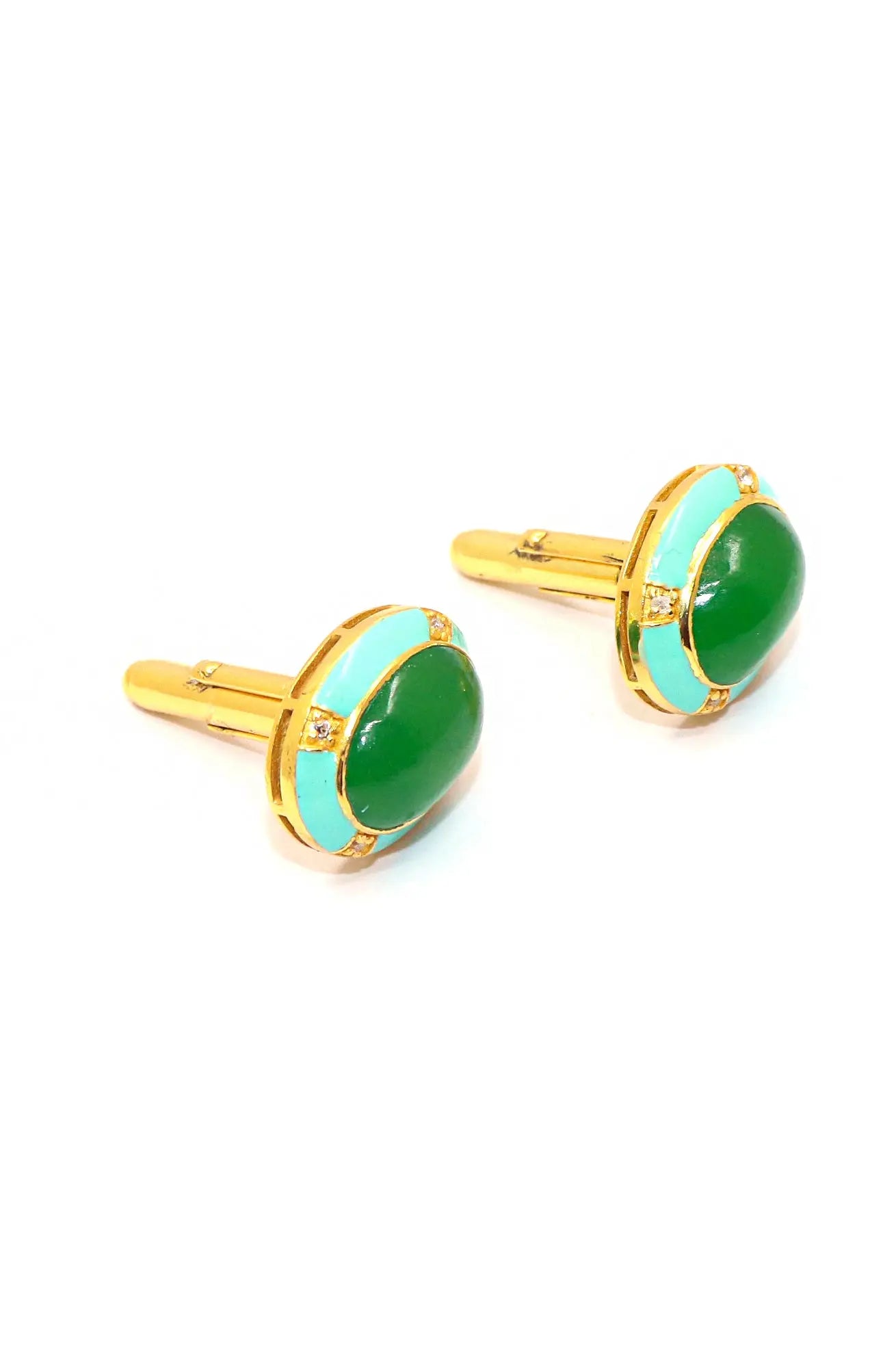 Modern Gentleman’s Gold Plated Enamel Cufflinks with Green Onyx Gemstone Accents Men's Jewelry VJewels