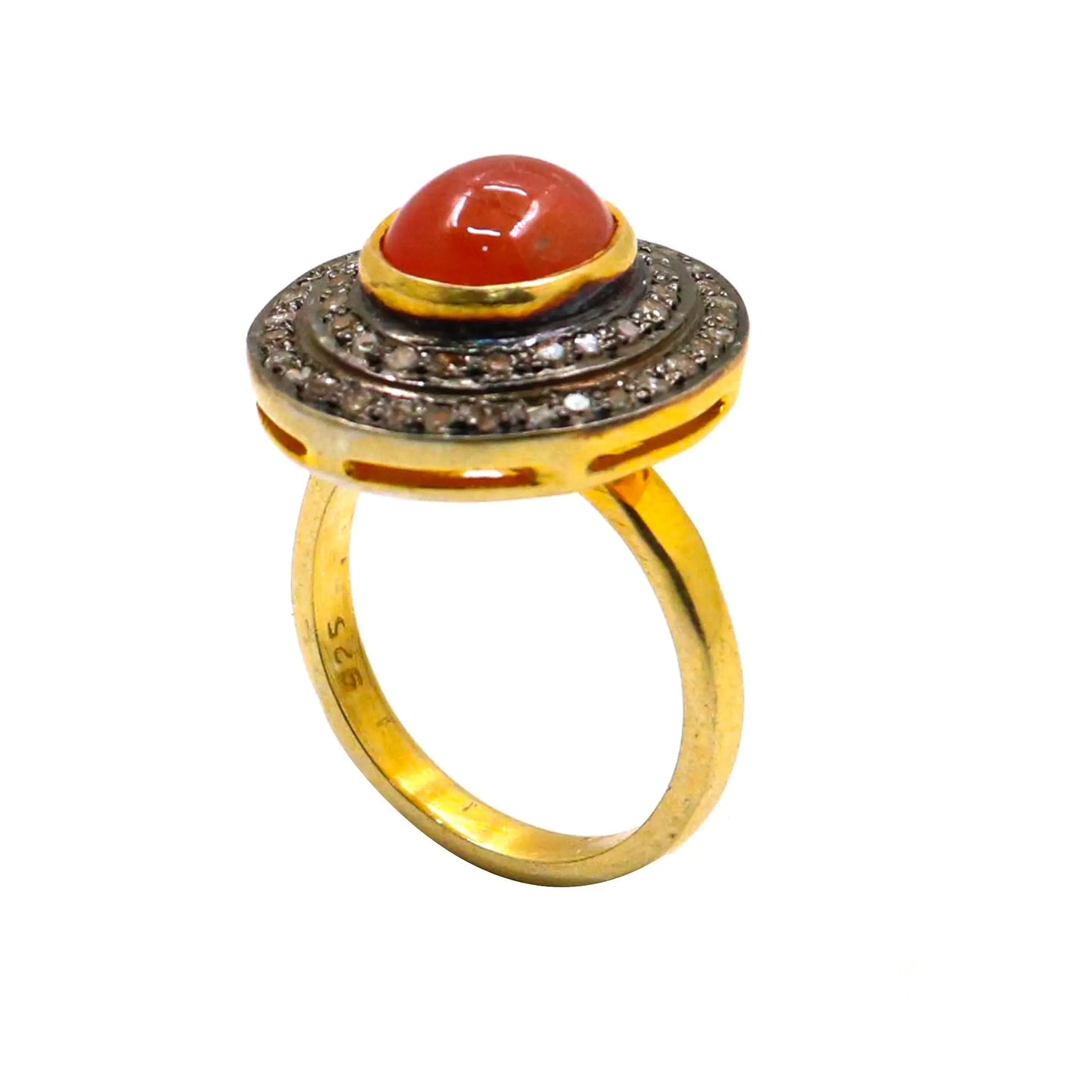 Orange Coral With Diamond Two Tone Plated Ring Jewelry VJewels