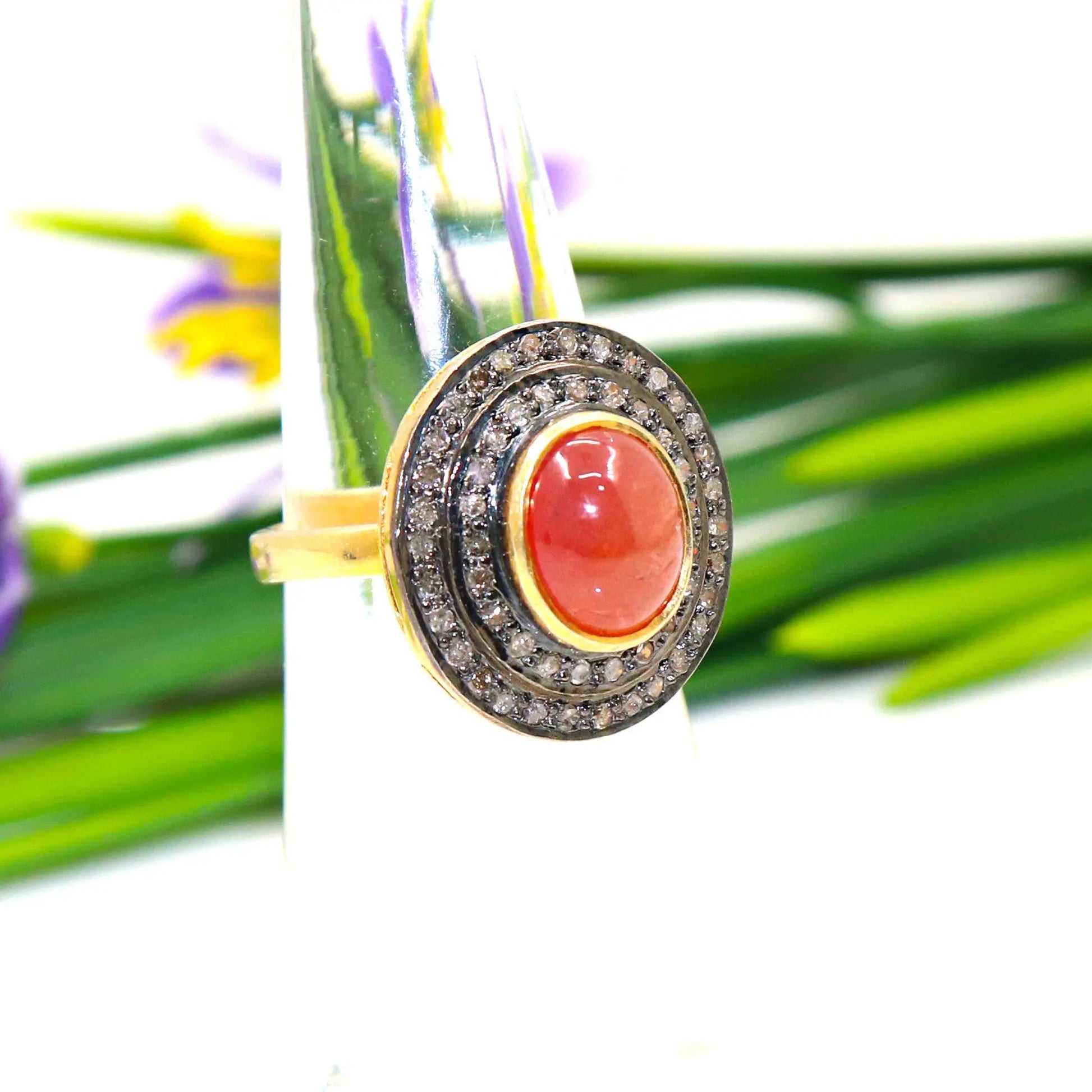 Orange Coral With Diamond Two Tone Plated Ring Jewelry VJewels