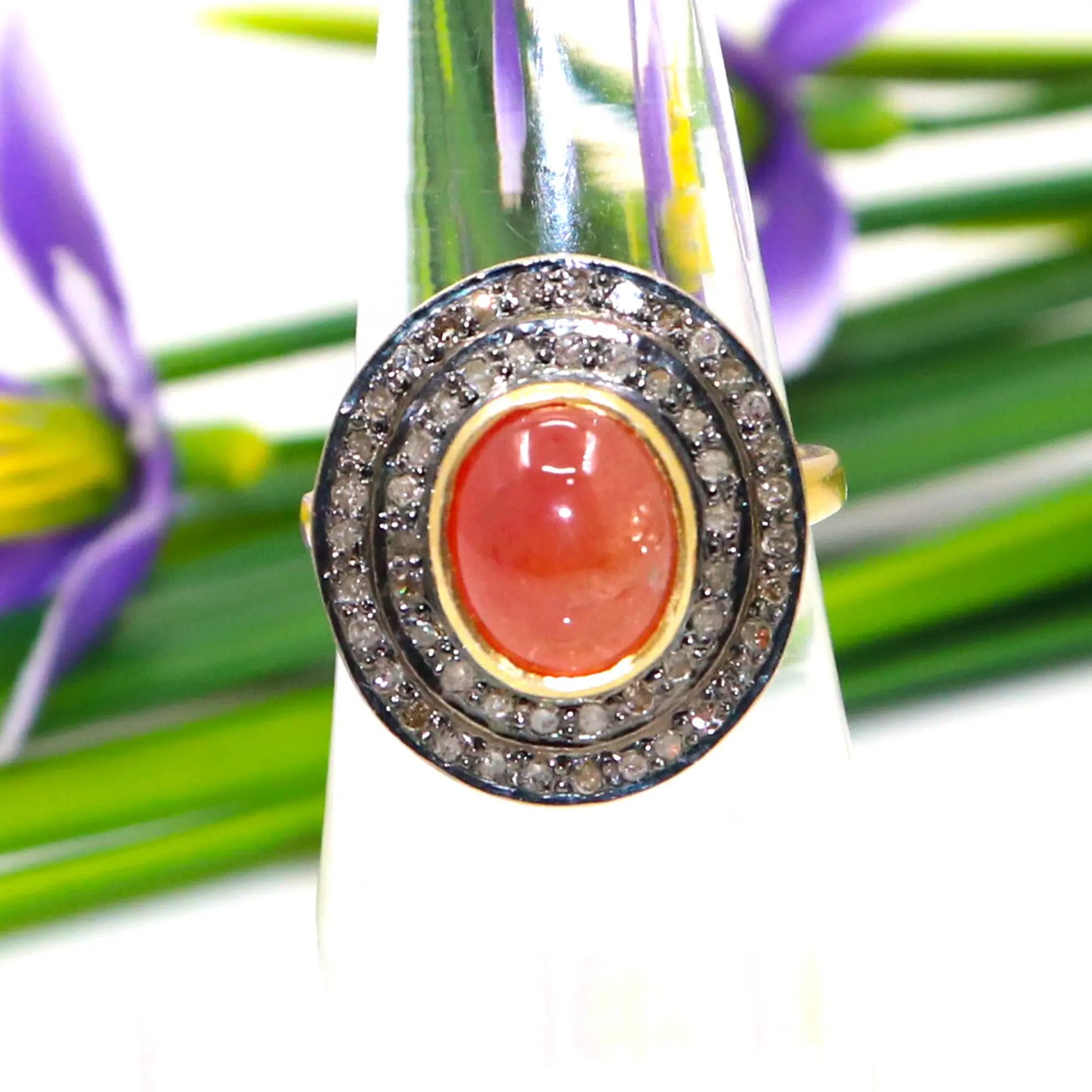 Orange Coral With Diamond Two Tone Plated Ring Jewelry VJewels