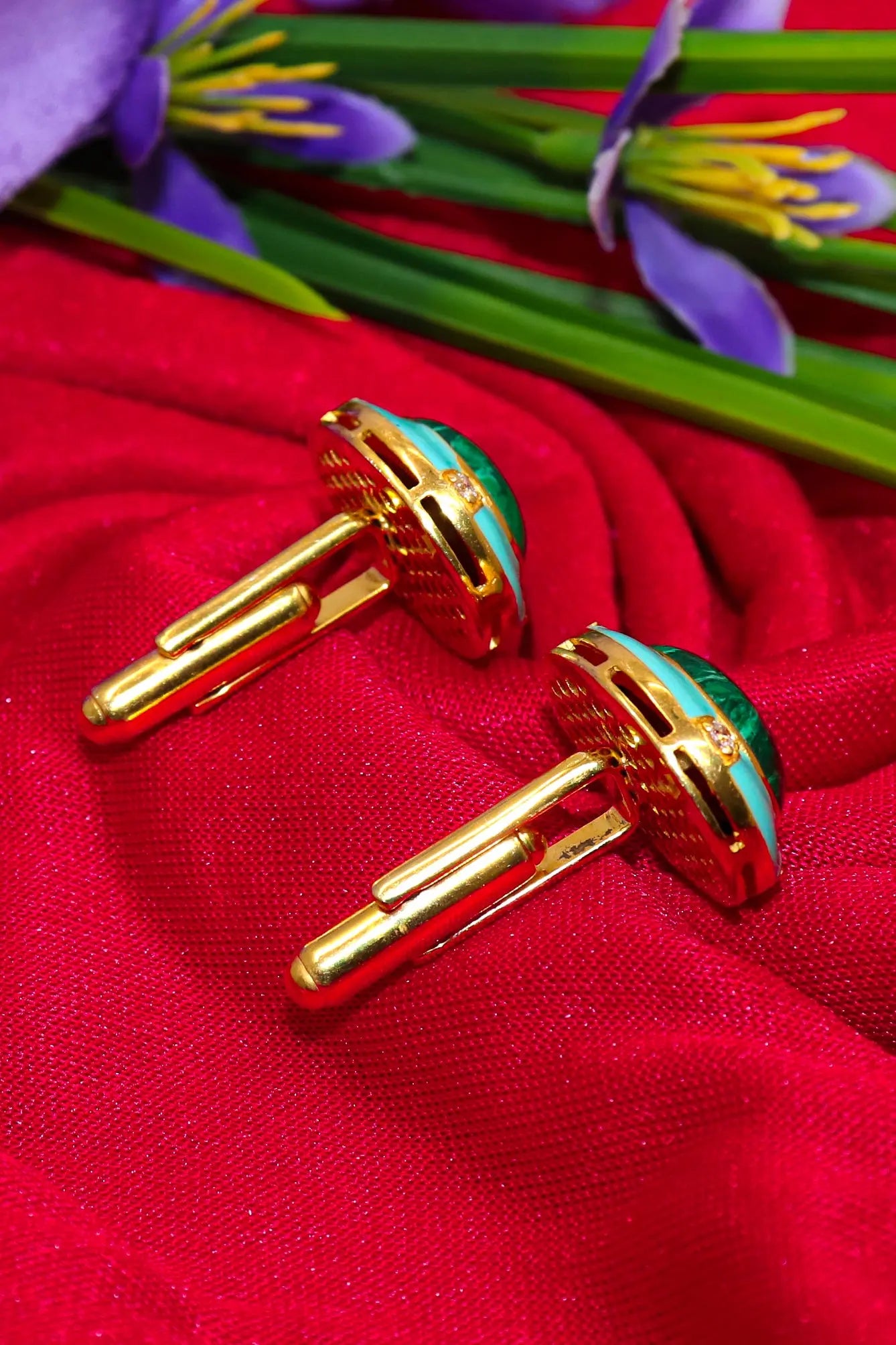 Oval Shape Malachite Gemstone Gold Plated Cufflinks Men's Jewelry VJewels