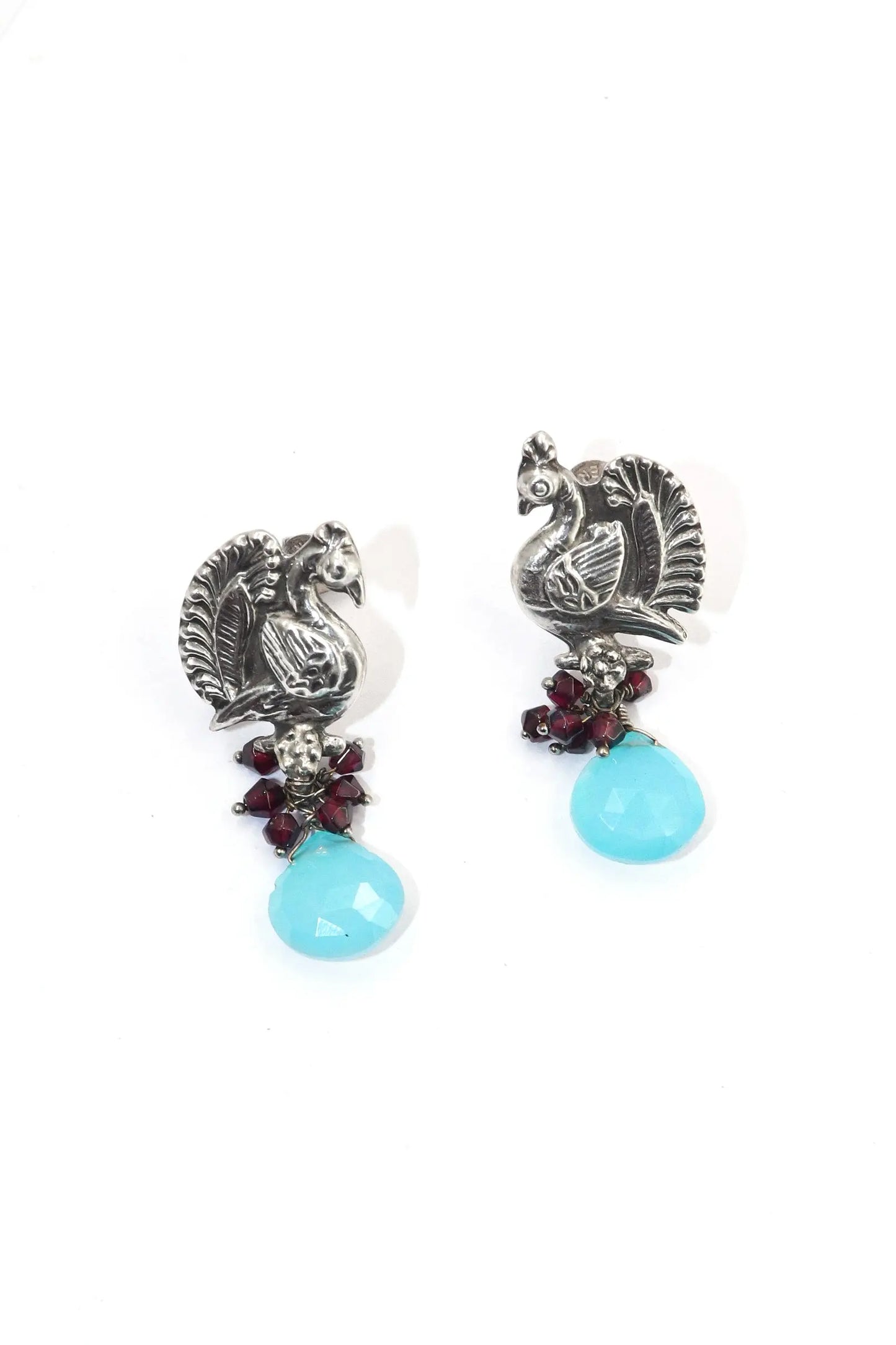 Peacock Style Earrings with Garnet and  Blue Chalcedony Gemstones Studs Jewelry VJewels