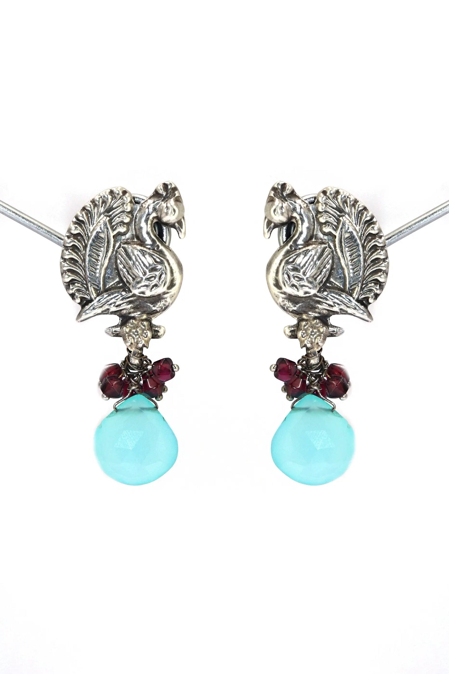 Peacock Style Earrings with Garnet and  Blue Chalcedony Gemstones Studs Jewelry VJewels