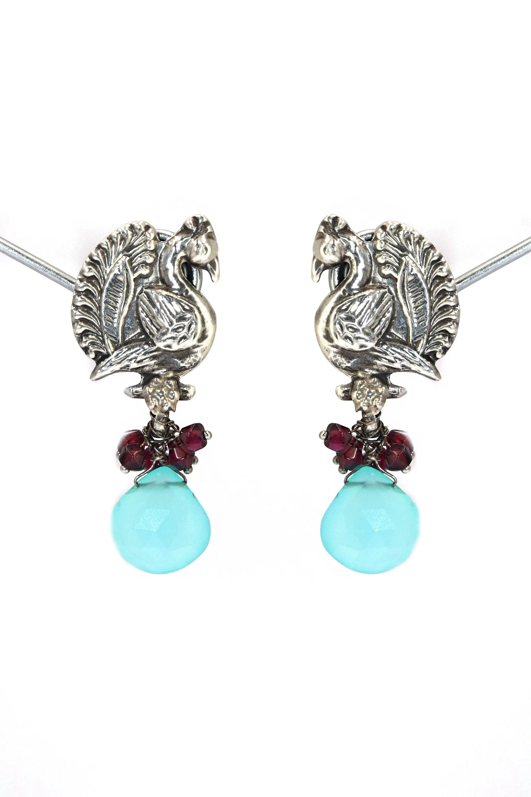 Peacock Style Earrings with Garnet and  Blue Chalcedony Gemstones Studs Jewelry VJewels